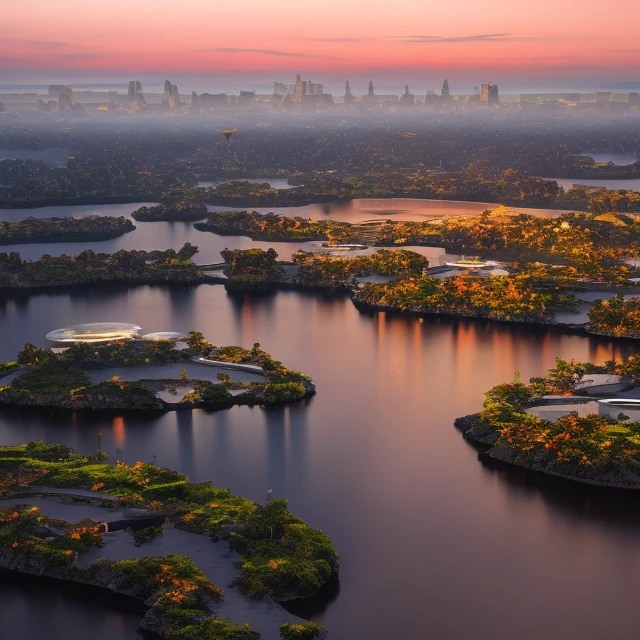 landscape of a futuristic sci fi city, sci fi, ultra realistic, high resolution, island , cloudy in nature, rich feeling