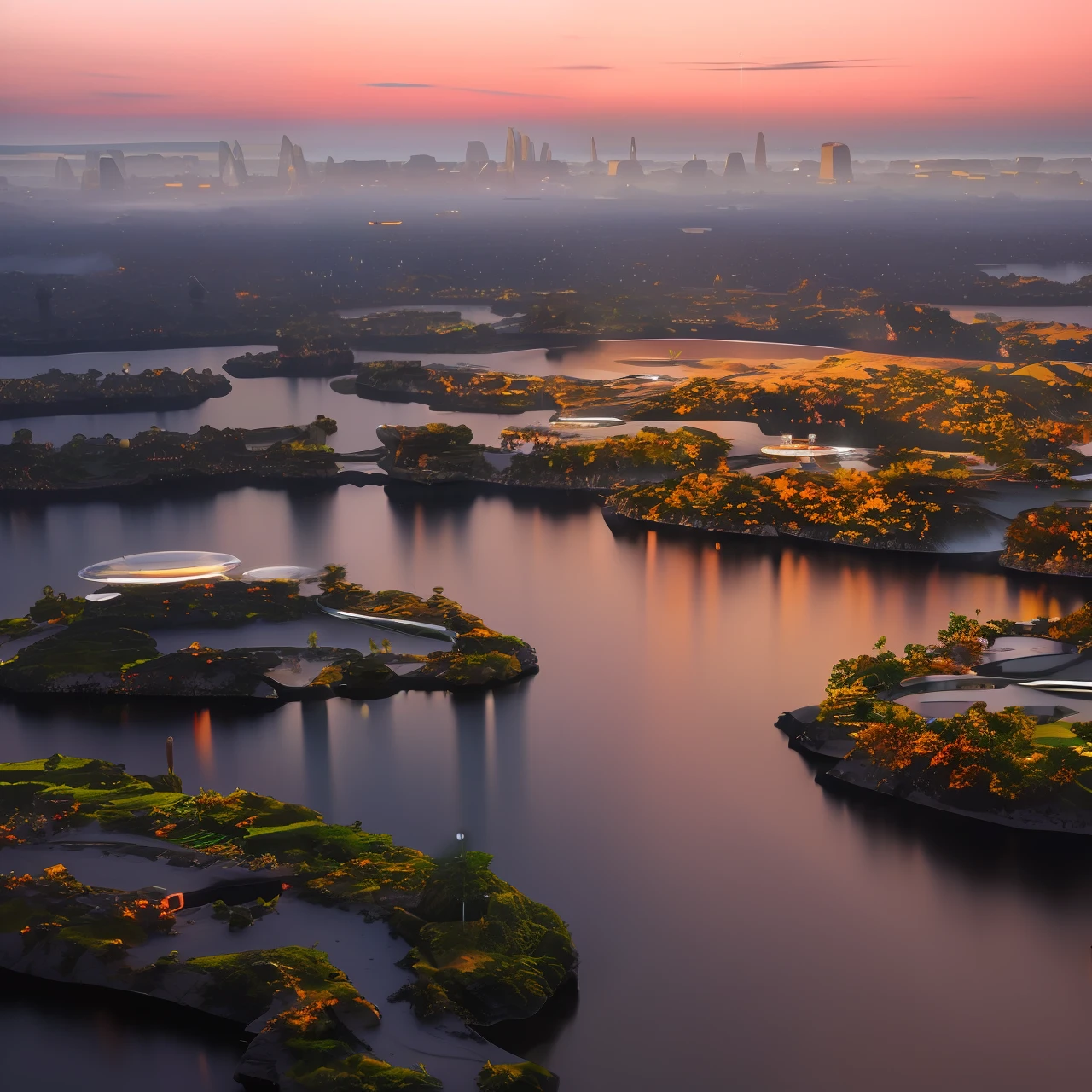 landscape of a futuristic sci fi city, sci fi, ultra realistic, high resolution, island , cloudy in nature, rich feeling