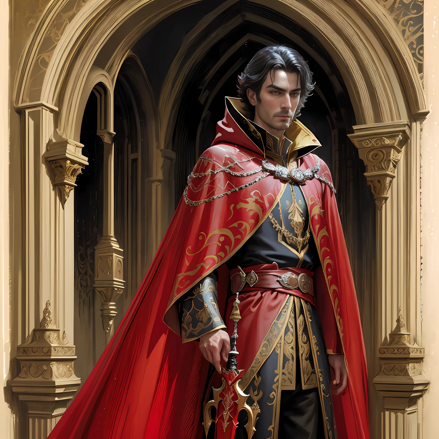 arafed image of a man in a red cloak and a red cape holding a sword, a character portrait by Pablo Munoz Gomez, Artstation contest winner, fantasy art, wearing red sorcerer's robes, portrait of a red sorcerer, wearing red sorcerers robes, wearing gilded red royal robes, guillem h. pongiluppi, casimir art, tom bagshaw donato giancola, adi granov, portrait of an arrogant noble human male prince, in red robes, portrait of merlin, casimir art, portrait of a red sorcerer, bored look on his face, clean shaven