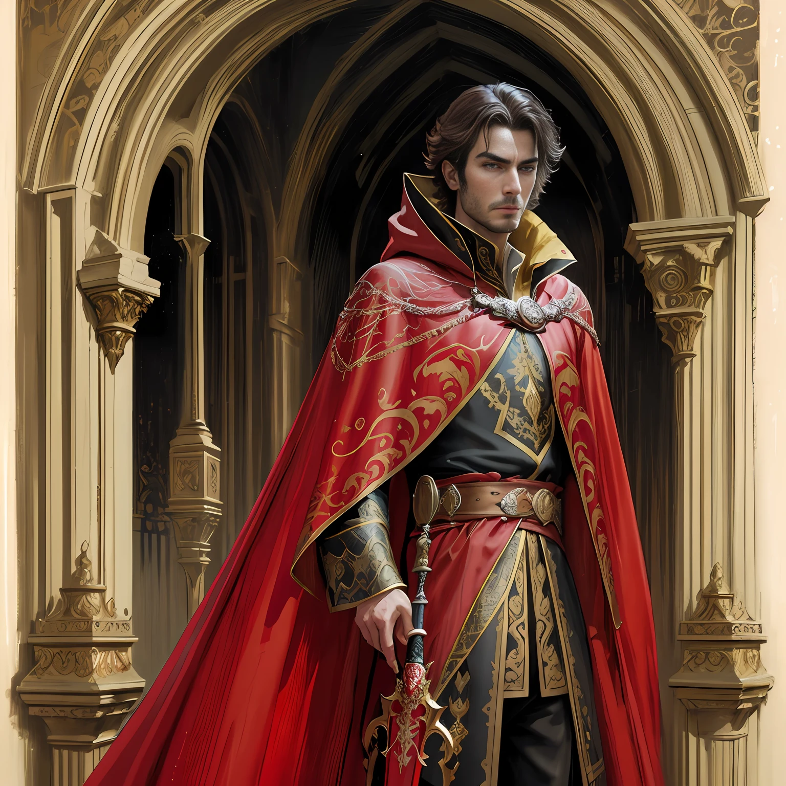 arafed image of a man dressed in a red cloak and holding a sword, a character portrait by Pablo Munoz Gomez, Artstation contest winner, fantasy art, wearing gilded red royal robes, tom bagshaw donato giancola, adi granov, bored noble human male prince, in red robes, portrait of merlin, casimir art, portrait of a red sorcerer, arrogant look on his face, looks at camera, pale brown hair, no beard
