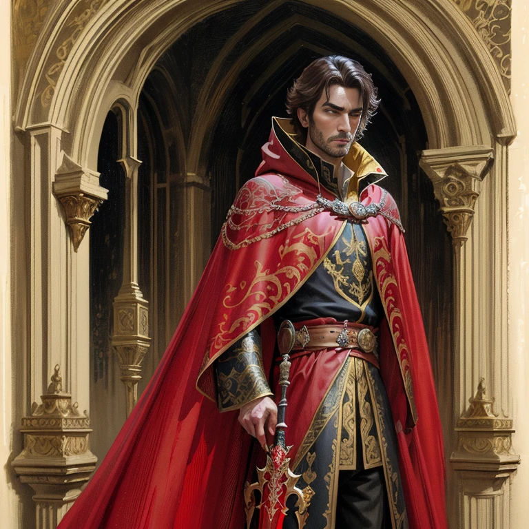 arafed image of a man dressed in a red cloak and holding a sword, a character portrait by Pablo Munoz Gomez, Artstation contest winner, fantasy art, wearing gilded red royal robes, tom bagshaw donato giancola, adi granov, bored noble human male prince, in red robes, portrait of merlin, casimir art, portrait of a red sorcerer, arrogant look on his face, looks at camera, pale brown hair, no beard