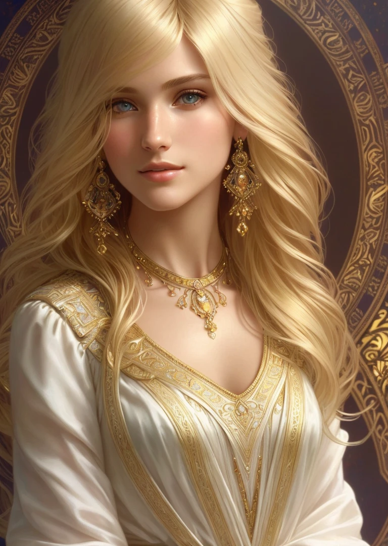 model style, (extremely detailed cg unity 8k wallpaper), full image of the most beautiful piece of art in the world, ((blonde (((woman))) from 40s)), trending on artstation, popular in cgsociety, intricate, detailed, sharp, dramatic, photorealistic paintings. Manzanedo, author (Alphonse Mucha), Gaston Bussière