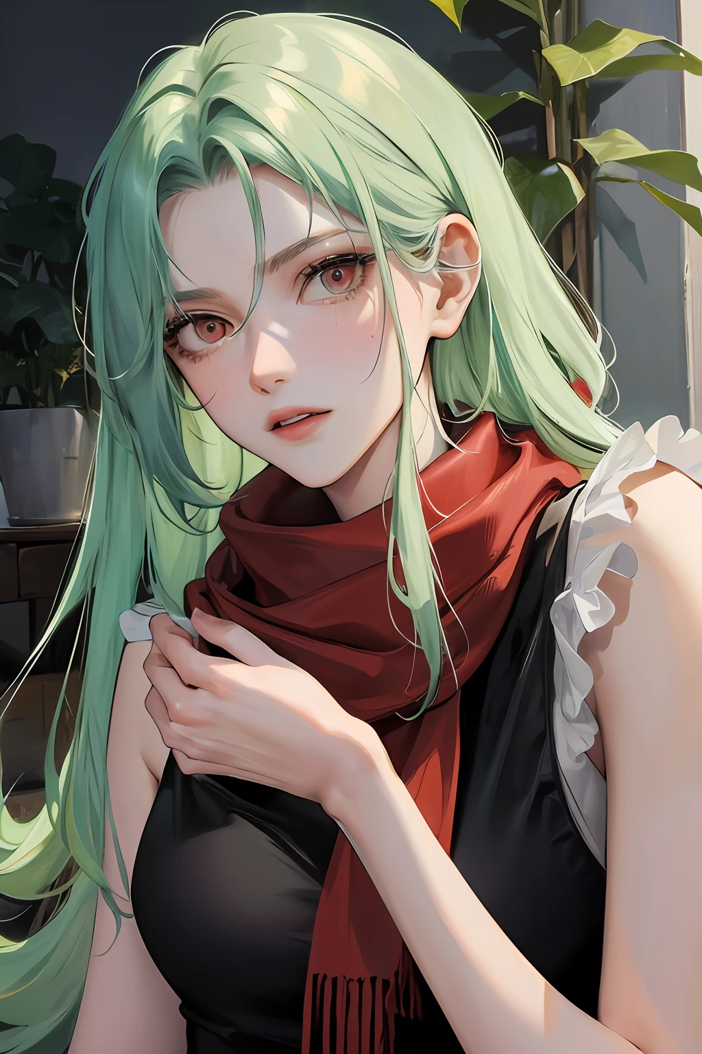 (highest resolution, distinct_image) Best quality, a man's masterpiece, highly detailed, semi realistic, mint green hair, long hair, 18 years old, mature, young, tall and strong, black comfy dress, tree, cold, serious, tall and handsome, authoritative, powerful, exquisite facial features, exquisite facial features, red eyes, puffy short sleeves, red scarf