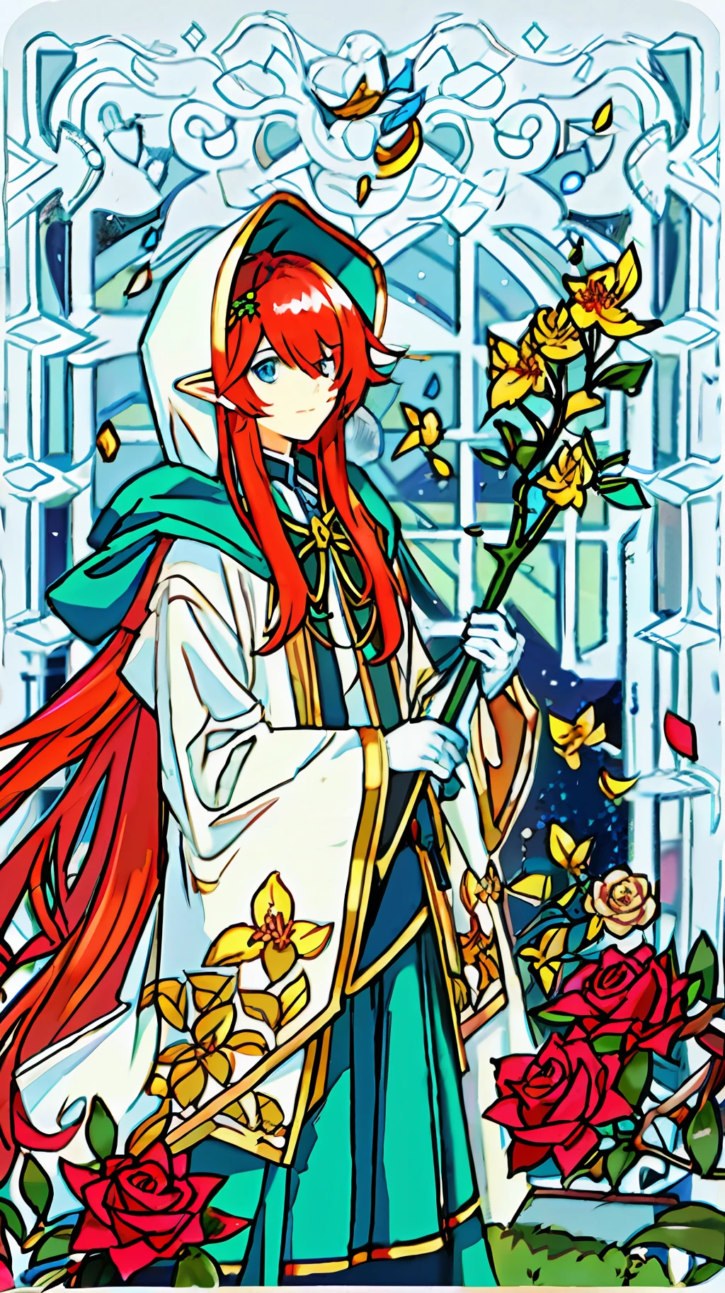 solo focus, male focus, golden azalea, roses, druid, gardener, garden gloves, hooded nature patterned cloak, rose, flower, otokonoko, 1boy, elf, male, flat chest, leaves, petals, prince, red hair, teal blue eyes, hair over one eye, detailed face, high detail masterpiece, feminine male, colored inner hair, gardening, anime, otokonoko, long hair, Kodona