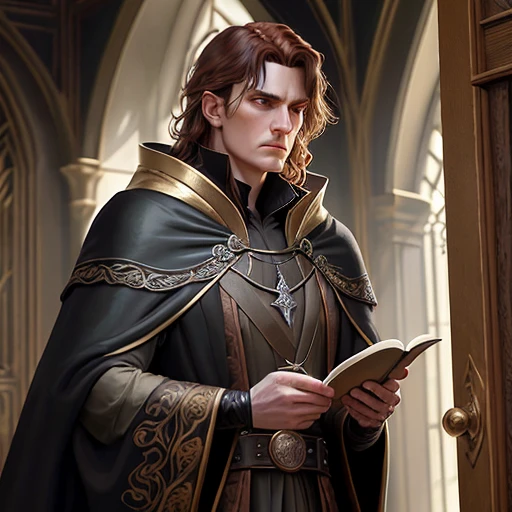 A character portrait of a young male Irish sorcerer wearing gilded black royal robes, pale skin, weathered, angry, angular facial features, long dark auburn hair, fantasy illustration, portrait, ultra realistic, oil painting:1.1, comic book art style:1.5, inked outline:1.3, character concept design, reference pose, centred, detailed clothing, hyperrealistic, artstation, by Donato Giancola, sharp focus, dramatic, portrait of fin wildcloak, wearing gilded black royal robes, portrait of merlin, portrait of a red sorcerer, wearing a luxurious royal cloak, black cloak, full color illustration, extremely high details], highly detailed old medieval English castle, highly detailed door, highly detailed hall, intricate, (muted natural colours:1.3), evening, dark