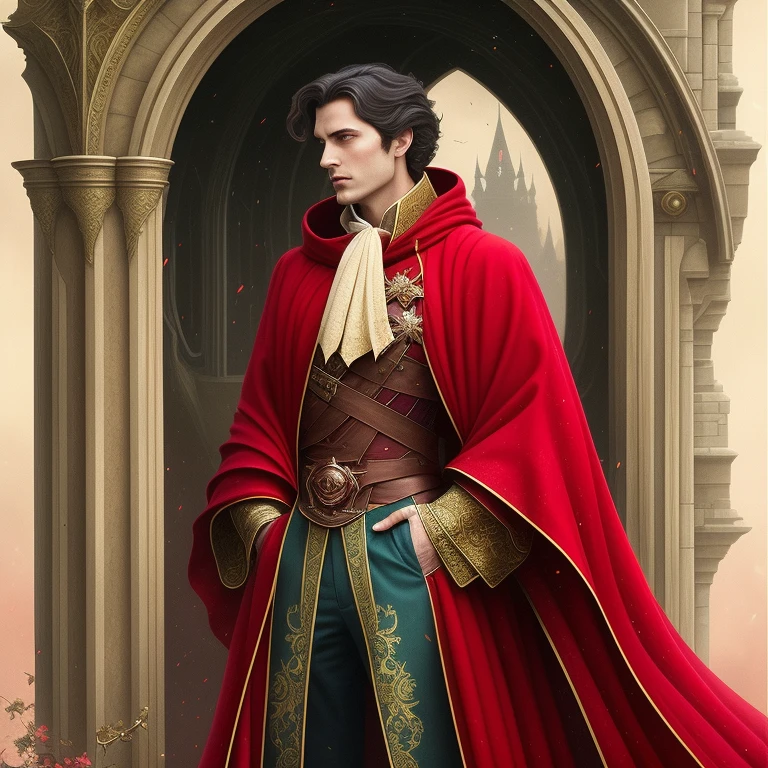 arafed image of a man in a luxurious red cloak and cape, darius zawadzki and tom bagshaw, fantasy genre portrait, style of charlie bowater, tom bagshaw donato giancola, portrait of a red sorcerer, wearing beautiful gilded red royal robes, charlie bowater rich deep colors, bored human prince, weathered face, fantasy characture portrait, full color illustration, extremely high details