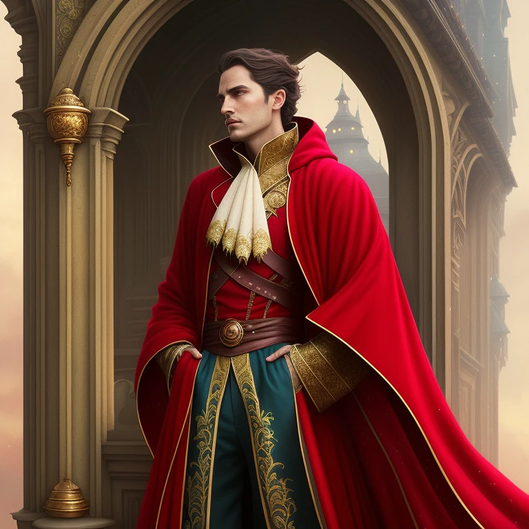 arafed image of a man in a luxurious beautiful gilded red royal robe and cape, darius zawadzki and tom bagshaw, fantasy genre portrait, style of charlie bowater, tom bagshaw donato giancola, portrait of a red sorcerer, wearing beautiful gilded red royal robes, charlie bowater rich deep colors, bored human prince, weathered face, pale brown hair, fantasy characture portrait, full color illustration, extremely high details