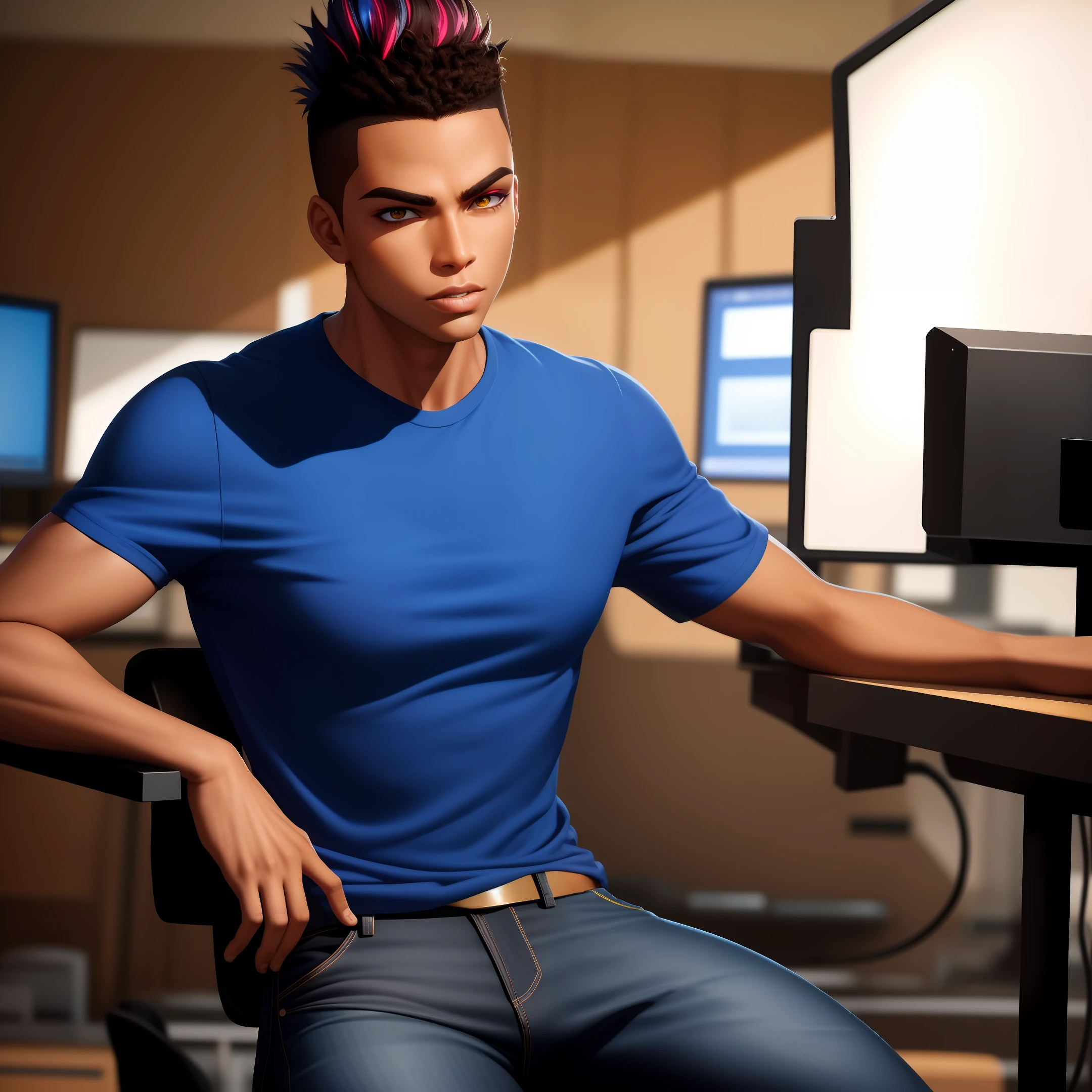 (dramatic illumination, dynamic angle, intense color contrast), [ boy with short black mohawk, dimples, brown skin and brown eyes: 1.2), (watching computer monitor: 1.2), (wearing black jeans, blue T-shirt with atom graphic: 1.1), (in computer lab: 1.1)]