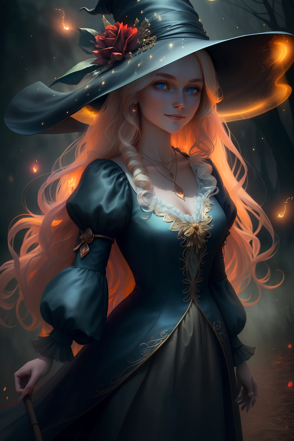 (extremely detailed CG unity 8k wallpaper, masterpiece, best quality, ultra-detailed), (an enchanting and captivating girl with a majestic witch hat, adorned with resplendent golden hair and a bewitching red rose), looking at viewer, (upper body:1.3), (dynamic angle, dazzling blue eyes, exquisite necklace, enchanting smile), (a background of magic and mystery, fireflies, glowing particles, ethereal mist, and a touch of darkness), high saturation, cinematic light, rim lighting, best shadow