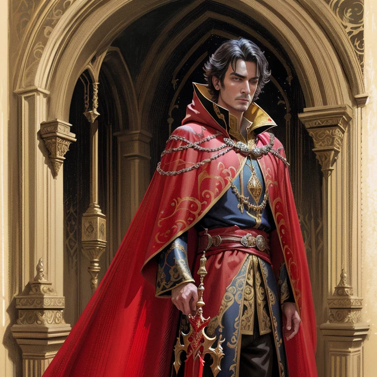arafed man in a red robe and a gold trimming, dressed in a luxurious royal gilded red cloak, fantasy arrogant male portrait, portrait of a red sorcerer, wearing gilded red royal robes, fantasy genre portrait, tuomas korpi and wlop, wearing gilded red robes, fantasy character portrait, wearing red sorcerers robes, bored male prince, bored look on his face, weathered face, full color illustration, extremely high details