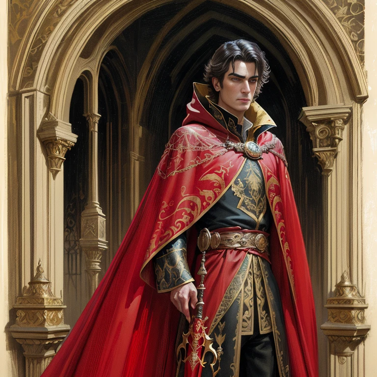 arafed man dressed in a luxurious royal gilded red cloak, fantasy arrogant male portrait, portrait of a red sorcerer, wearing gilded red royal robes, fantasy genre portrait, tuomas korpi and wlop, wearing gilded red robes, fantasy character portrait, wearing red sorcerers robes, bored male prince, bored look on his face, weathered face, clean shaven, darius zawadzki and tom bagshaw, donato giancola, full color illustration, extremely high details