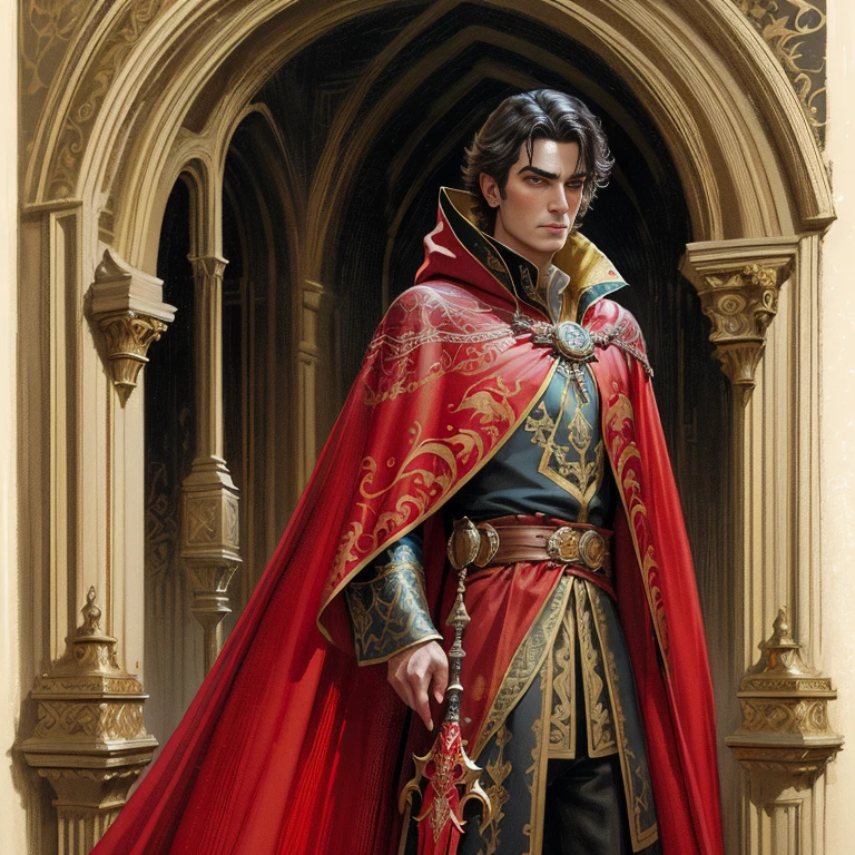 arafed man dressed in a luxurious royal gilded red cloak, fantasy bored male portrait, portrait of a bored red sorcerer, wearing gilded red royal robes, fantasy genre portrait, tuomas korpi and wlop, wearing gilded red robes, fantasy character portrait, wearing red sorcerers robes, bored male prince, bored look on his face, weathered face, clean shaven, darius zawadzki and tom bagshaw, donato giancola, full color illustration, extremely high details
