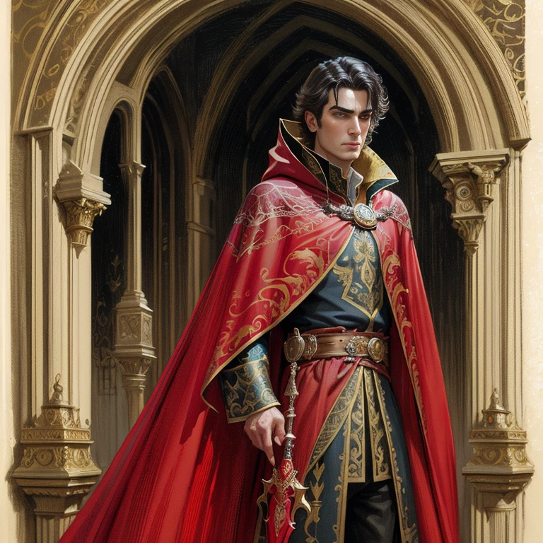 arafed man dressed in a luxurious royal gilded red cloak, fantasy bored male portrait, portrait of a bored red sorcerer, wearing gilded red royal robes, fantasy genre portrait, tuomas korpi and wlop, wearing gilded red robes, fantasy character portrait, wearing red sorcerers robes, bored male prince, bored look on his face, weathered face, clean shaven, darius zawadzki and tom bagshaw, donato giancola, full color illustration, extremely high details