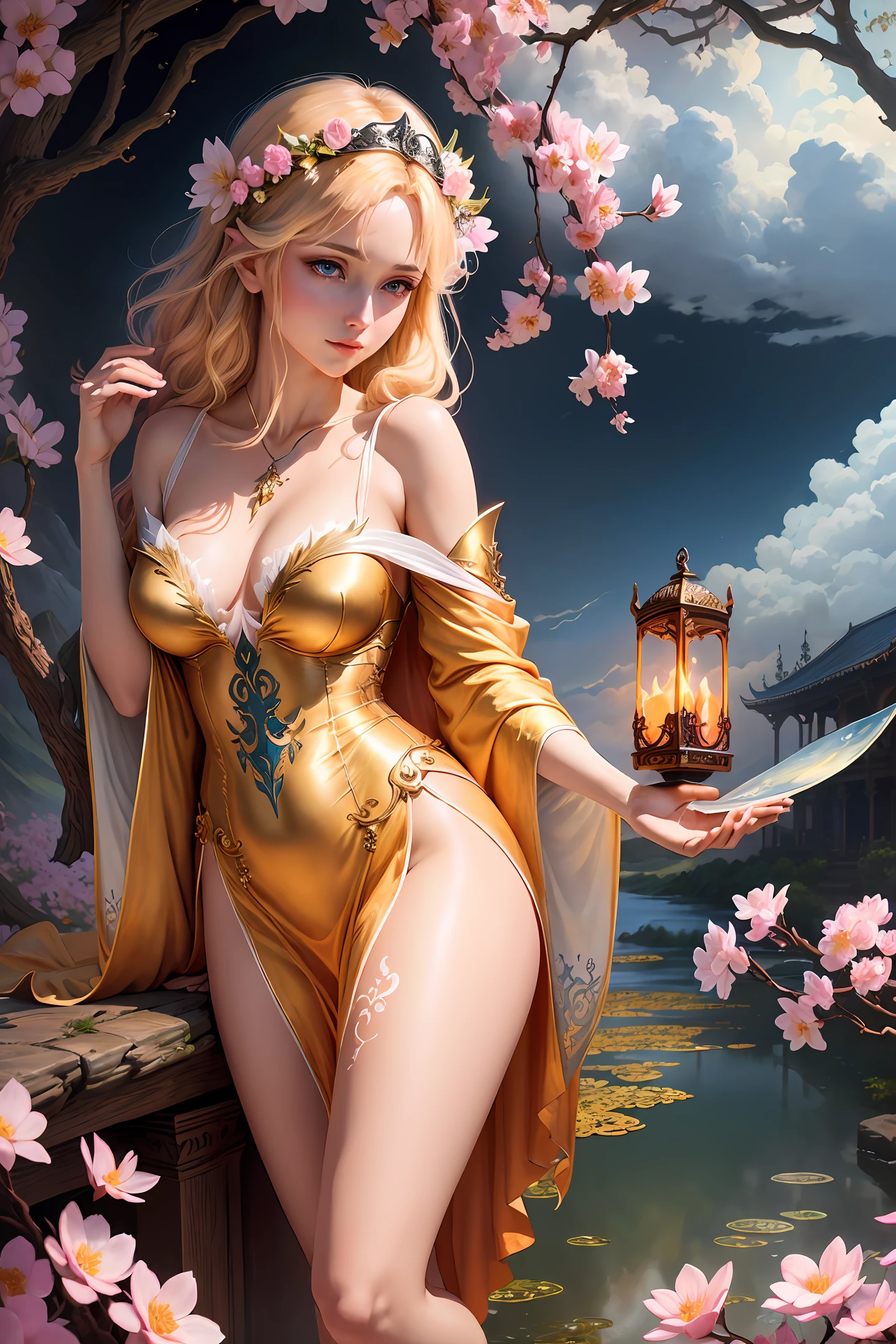 ((best quality)), ((masterpiece)), (detailed), realistic eyes, blonde, orange robes, see-through silk temple robes, greek landscape, alluring succubus, ethereal beauty, perched on a pink blossom tree, (fantasy illustration:1.3), enchanting gaze, captivating pose, solo girl, , otherworldly charm, mystical sky, (Luis Royo:1.2), (Yoshitaka Amano:1.1), moonlit night, soft colors, (detailed cloudscape:1.3), (high-resolution:1.2) (dragon flying in the sky)  dress, legs dangling above pond, greek goddess, realistic, realism, sexy body, glowing torches,