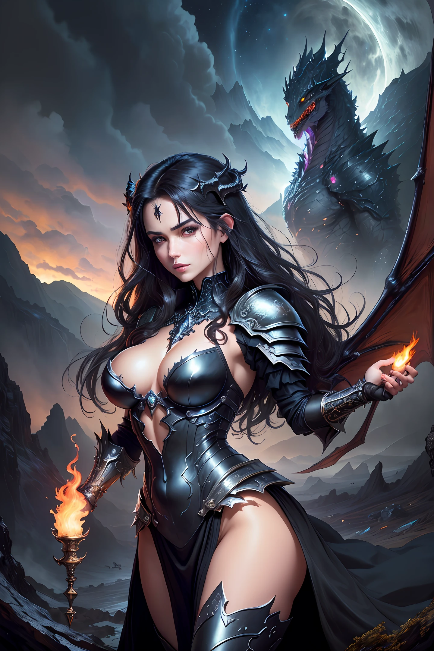 ((best quality)), ((masterpiece)), (detailed), realistic eyes, black hair, black leather outfit, armor, evil landscape, alluring succubus, ethereal beauty, perched on a dead tree, (fantasy illustration:1.3), enchanting gaze, captivating pose, solo girl, otherworldly charm, mystical sky, (Luis Royo:1.2), (Yoshitaka Amano:1.1), moonlit night, soft colors, (detailed cloudscape:1.3), (high-resolution:1.2) (dragon flying in the sky) dress, legs dangling above lava, evil goddess, realistic, realism, sexy body, glowing torches, long leges, skinny sexy body, perfect exposed boobs,