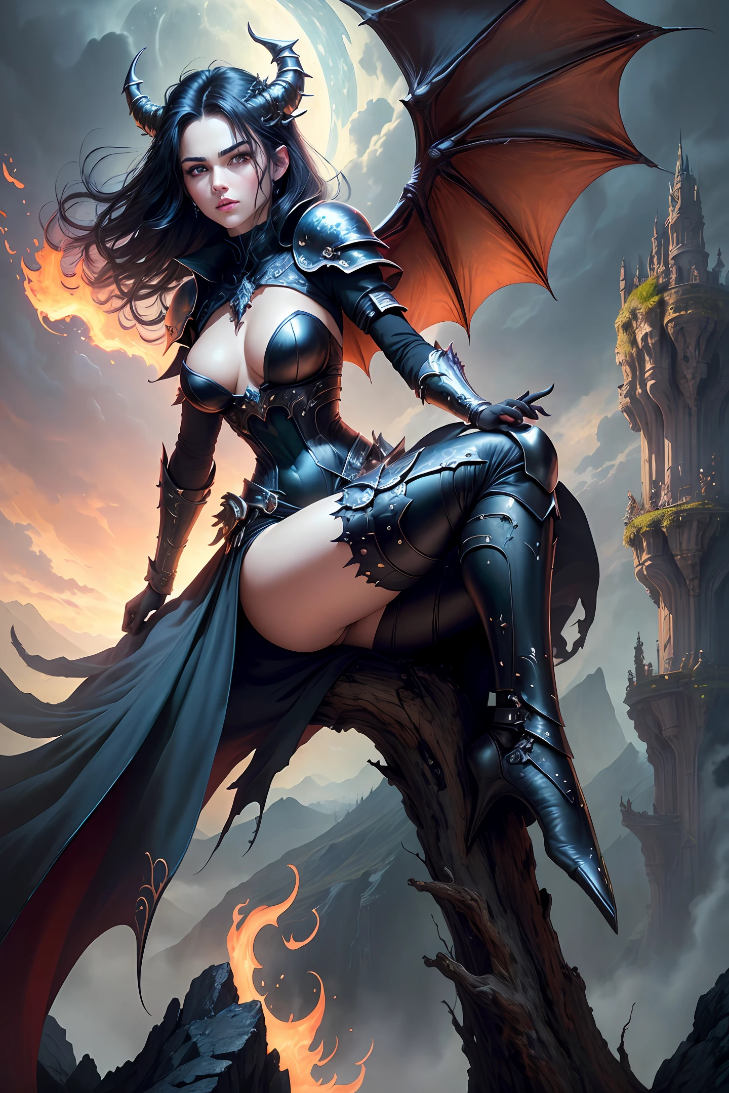 ((best quality)), ((masterpiece)), (detailed), realistic eyes, black hair, black leather outfit, armor, evil landscape, alluring succubus, ethereal beauty, perched on a dead tree, (fantasy illustration:1.3), enchanting gaze, captivating pose, solo girl, otherworldly charm, mystical sky, (Luis Royo:1.2), (anime), moonlit night, soft colors, (detailed cloudscape:1.3), (high-resolution:1.2) (dragon flying in the sky) dress, legs dangling above lava, evil goddess, realistic, realism, sexy body, glowing torches, long leges, skinny sexy body, perfect exposed boobs,