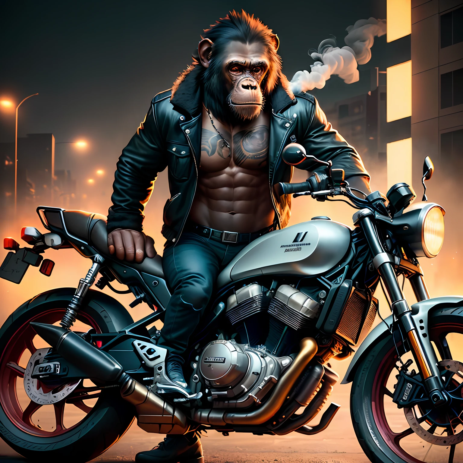Masterpiece, (Super Detailed), (Animal Anthropomorphism), Gangster Theme, Chimpanzee, Jacket, Dim Light Motorcycle Riding, Tattoos, Machine Gun, Smoke, Shadows, Destroyed Cityscape, Highest Quality, Solo Focus, (lean: 1.04), muscular man, full body, intricate.， Lee Jeffries Nikon d850 film stock photography 4 camera kodak portra 400 f1.6 lens rich colors hyper realistic realistic texture dramatic lighting unreal engine trends on artstation cinestill 800 (vignette: 1.3), Filmgrain