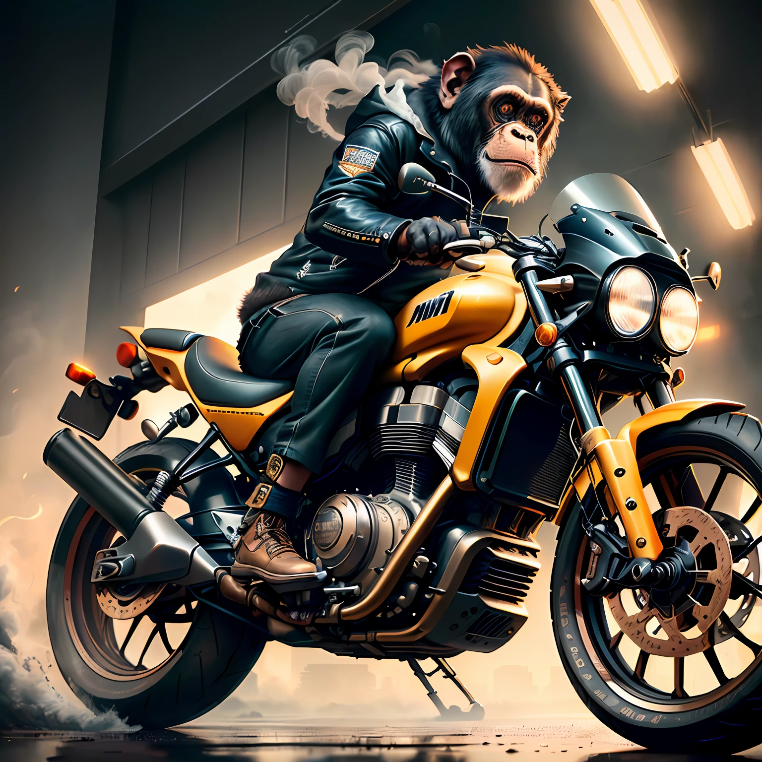 Masterpiece, (Super Detailed), (Animal Anthropomorphism), Gangster Theme, Chimpanzee, Jacket, Dim Light Motorcycle Riding, Tattoos, Machine Gun, Smoke, Shadows, Destroyed Cityscape, Highest Quality, Solo Focus, (lean: 1.04), muscular man, full body, intricate., Lee Jeffries Nikon d850 film stock photography 4 camera kodak portra 400 f1.6 lens rich colors hyper realistic realistic texture dramatic lighting unreal engine trends on artstation cinestill 800 (vignette: 1.3), Filmgrain