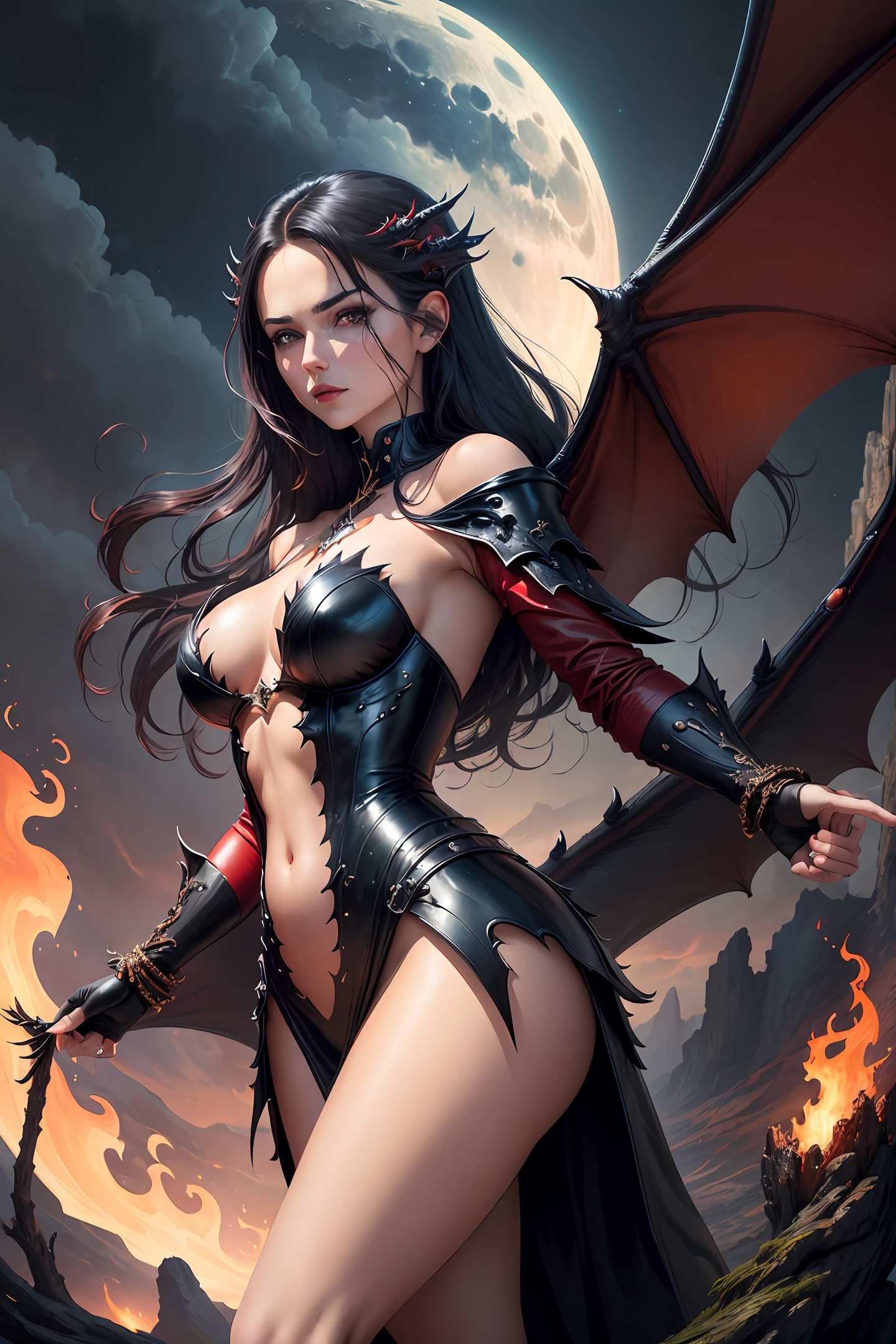 ((best quality)), ((masterpiece)), (detailed), realistic eyes, black hair, red leather outfit, almost naked, evil landscape, alluring succubus, ethereal beauty, perched on a dead tree, (fantasy illustration:1.3), enchanting gaze, captivating pose, solo girl, otherworldly charm, mystical sky, (anime), moonlit night, soft colors, (detailed cloudscape:1.3), (high-resolution:1.2) (dragon flying in the sky)  dress, legs dangling above lava, evil goddess, realistic, realism, sexy body, glowing torches, long leges, skinny sexy body, perfect exposed boobs,