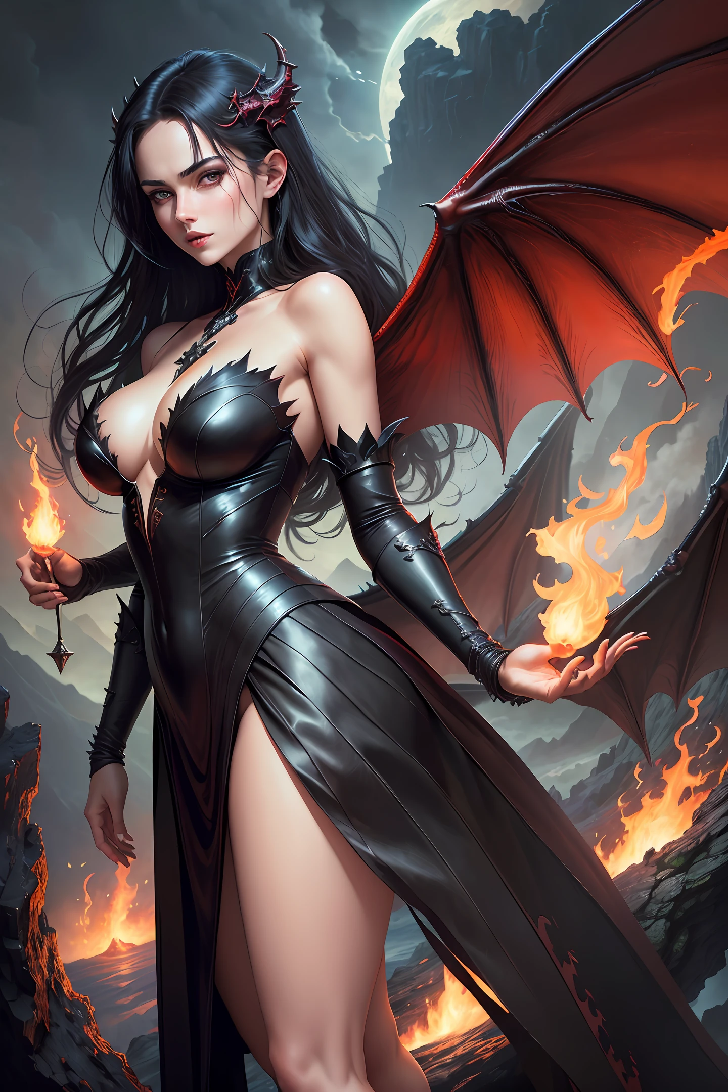 ((best quality)), ((masterpiece)), (detailed), realistic eyes, black hair, red leather outfit, almost , evil landscape, alluring succubus, ethereal beauty, perched on a dead tree, (fantasy illustration:1.3), enchanting gaze, captivating pose, solo girl, otherworldly charm, mystical sky, (anime), moonlit night, soft colors, (detailed cloudscape:1.3), (high-resolution:1.2) (dragon flying in the sky) dress, legs dangling above lava, evil goddess, realistic, realism, sexy y, glowing torches, long leges, skinny sexy bodperfect exposed boobs,