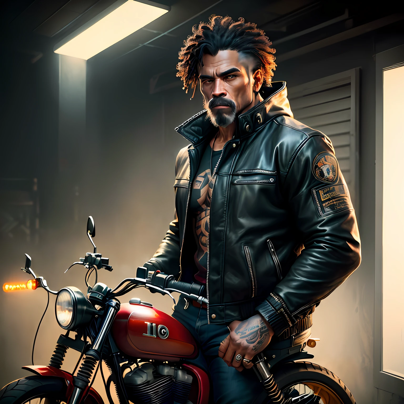 Masterpiece, (Super Detailed), (Animal Anthropomorphism), Gangster Theme, Chimpanzee, Jacket, Dim Light Motorcycle Riding, Tattoos, Machine Gun, Smoke, Shadows, Destroyed Cityscape, Highest Quality, Solo Focus, (lean: 1.04), muscular man, full body, intricate., Lee Jeffries Nikon d850 film stock photography 4 camera kodak portra 400 f1.6 lens rich colors hyper realistic realistic texture dramatic lighting unreal engine trends on artstation cinestill 800 (vignette: 1.3), Filmgrain