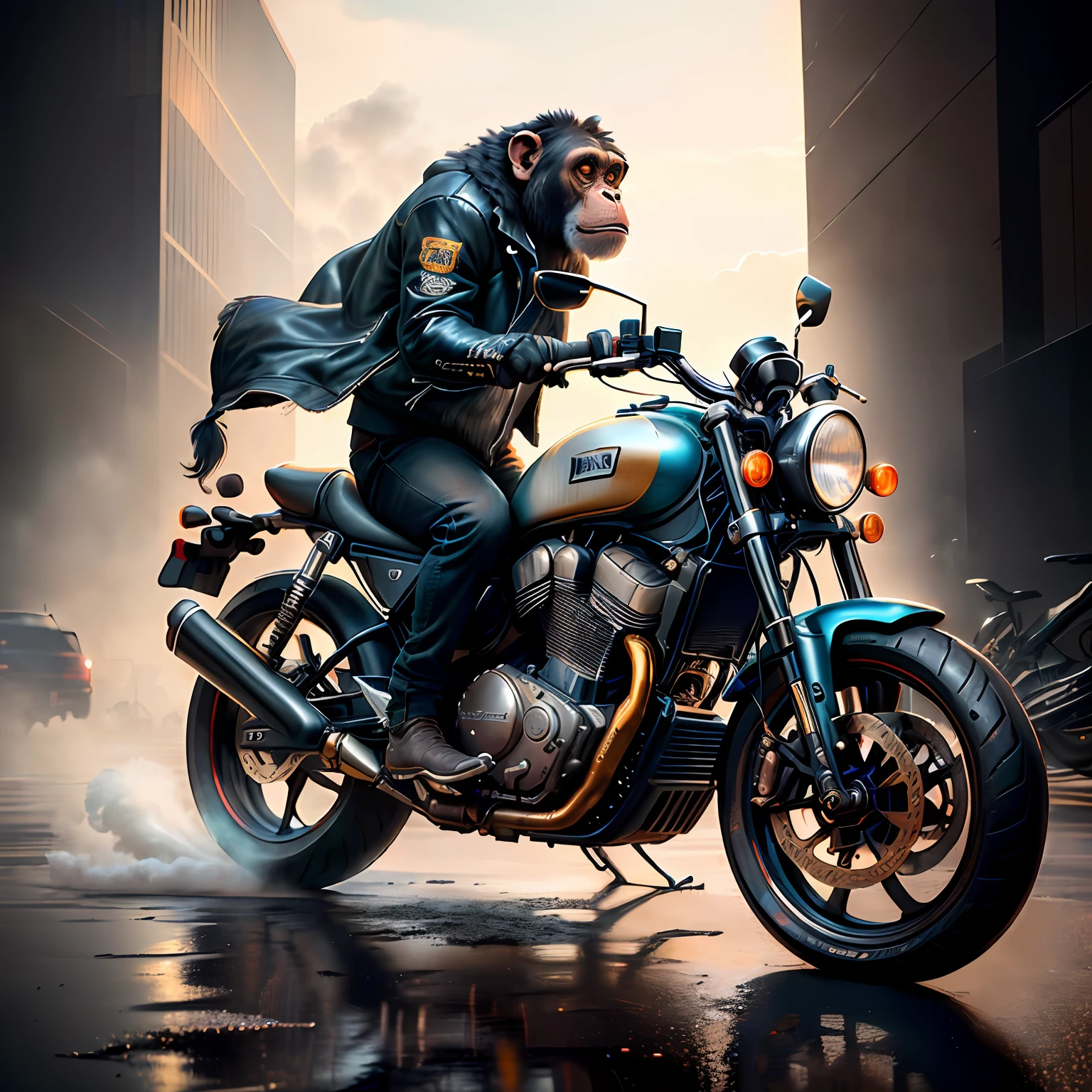 Masterpiece, (Super Detailed), (Animal Anthropomorphism), Gangster Theme, Chimpanzee, Jacket, Dim Light Motorcycle Riding, Tattoos, Machine Gun, Smoke, Shadows, Destroyed Cityscape, Highest Quality, Solo Focus, (lean: 1.04), muscular man, full body, intricate.， Lee Jeffries Nikon d850 film stock photography 4 camera kodak portra 400 f1.6 lens rich colors hyper realistic realistic texture dramatic lighting unreal engine trends on artstation cinestill 800 (vignette: 1.3), Filmgrain