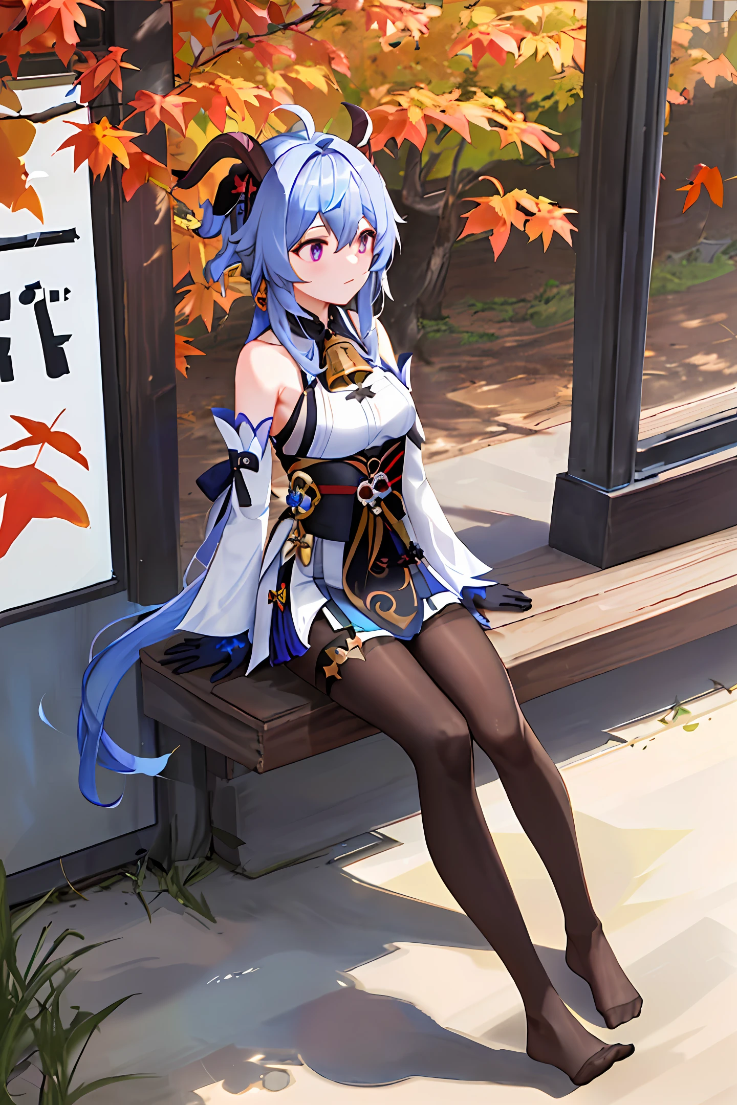masterpiece, best quality, highres, 1girl, blue hair, long hair, very long hair, ponytail, bangs, hair between eyes, sidelocks, ahoge, goat horns, horns, purple eyes, bell, cowbell, neck bell, collar, detached collar, white collar, bare shoulders, pantyhose, black pantyhose, bodystocking, bodystocking under clothes, pelvic curtain, detached sleeves, white sleeves, long sleeves, gold trim, medium breasts, gloves, black gloves, ribbon, leg ribbon, ankle ribbon, vision (genshin impact), ganyu \(genshin impact\), outdoors, (east asian architecture, autumn, autumn leaves), sitting, looking afar, from side,no shoes,Open legs, close-up of crotch, Open legs, expose crotch,without underwear