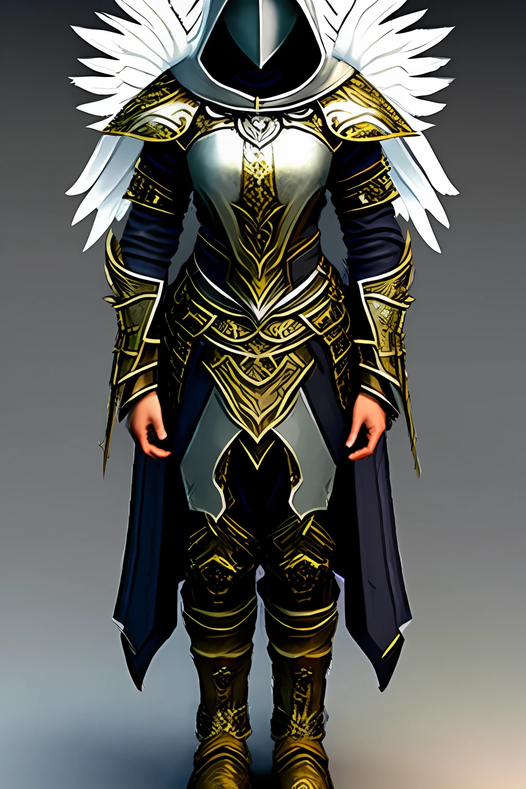Angelic priestess, full armor of chain mail, strong and high plate boots, face hidden in a hood.