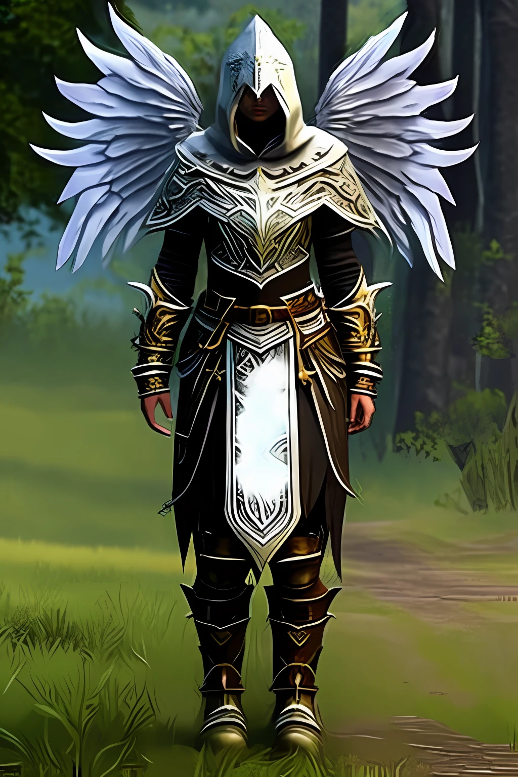 Angelic priestess, full armor of chain mail, strong and high plate boots, face hidden in a hood.