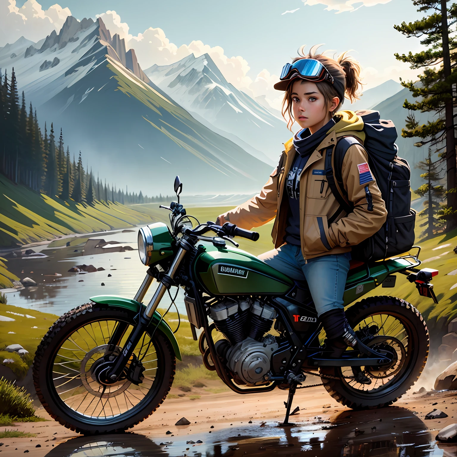 masterpiece, best quality, overdetailed, illustration, ranger, motorcycle, hiker, dirt bike, thug, girl, solo, muscles, tone, robot legs, goggles, wilderness, future, cyberpunk, forest, nowhere, hiking, alien planet, nuclear, wasteland, fallout, chernobyl, sexy, rain, rocks, mud, mud, sand, sun, heat, extreme, elements, roughness, rope, tugboat, stuck, hitchhiking, wilderness, highway, dirt road, survivor, beautiful young woman ,