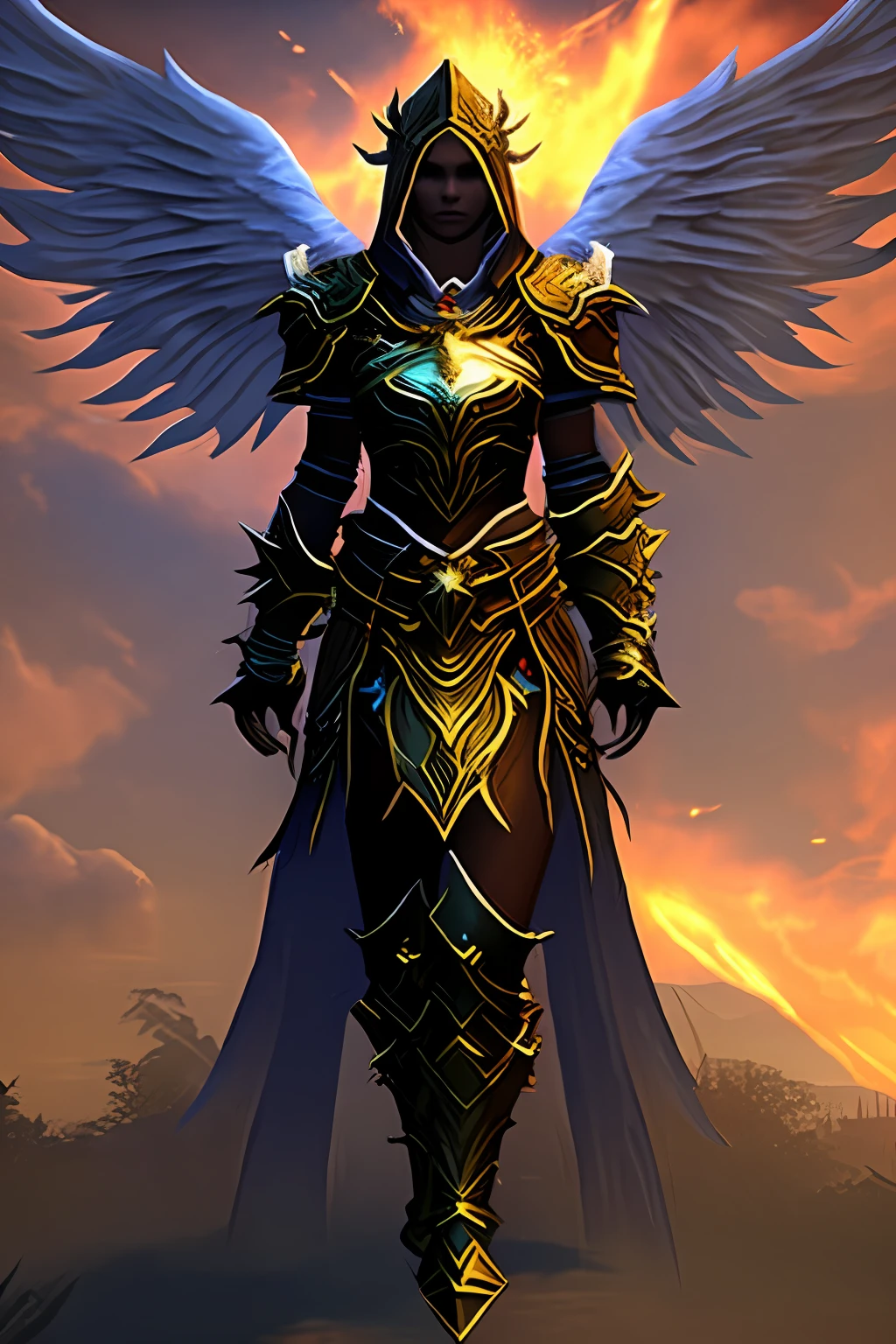 Angelic woman like from diablo 3 black face hidden in the hood full plate armor big angel wings. Athletic silhouette.