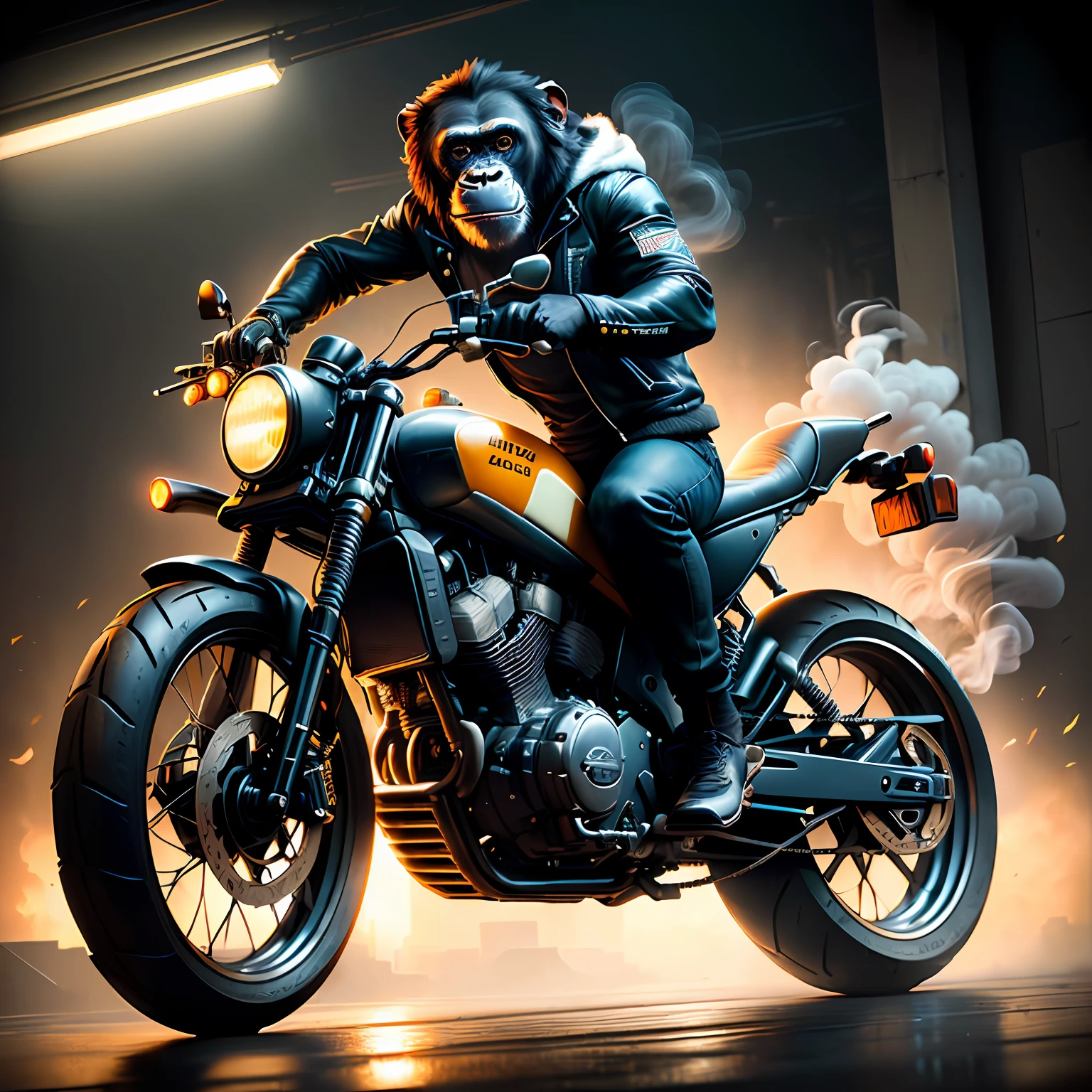 Masterpiece, (Super Detailed), (Animal Anthropomorphism), Gangster Theme, Chimpanzee, Jacket, Dim Light Motorcycle Riding, Tattoos, Machine Gun, Smoke, Shadows, Destroyed Cityscape, Highest Quality, Solo Focus, (lean: 1.04), muscular man, full body, intricate., Lee Jeffries Nikon d850 film stock photography 4 camera kodak portra 400 f1.6 lens rich colors hyper realistic realistic texture dramatic lighting unreal engine trends on artstation cinestill 800 (vignette: 1.3), Filmgrain