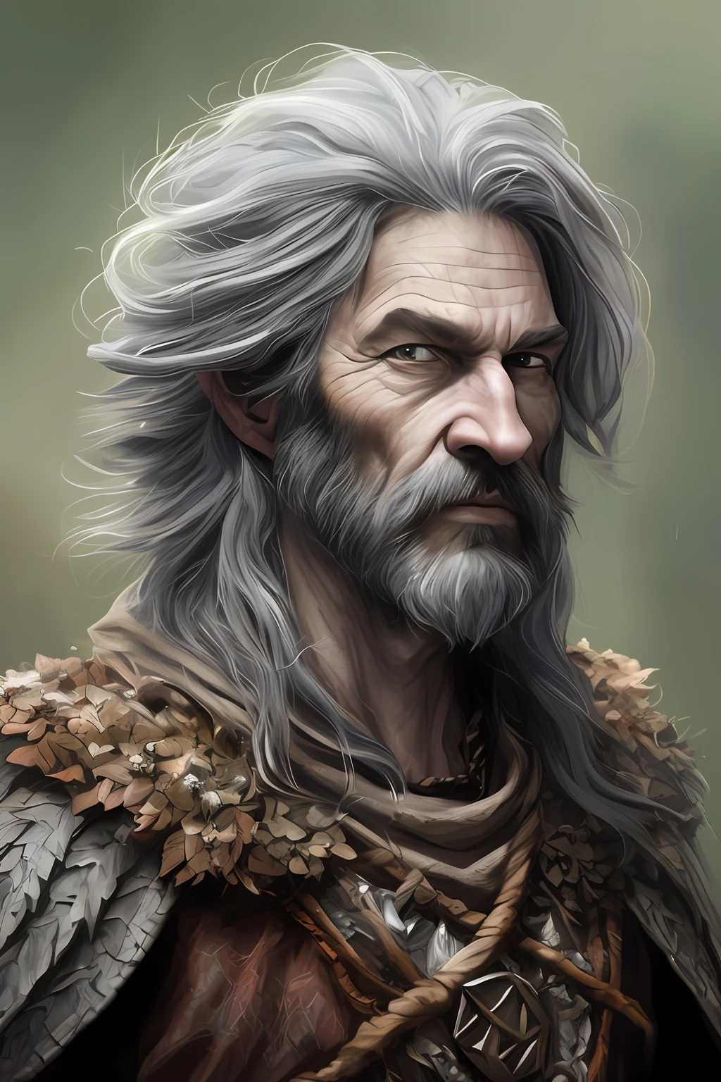 Detailed Angle ((dnd dnd druid man portrait)), Continued, HD, (oil painting: 1.1), (comic art style: 1.5), (ink outline: 1.3), Awesome, Character, Portrait, (((Looking sideways) )), angular features (dark gray graduated bob hair), (muted natural colors: 1.3) in the painterly style of Jean Baptiste Monge.
