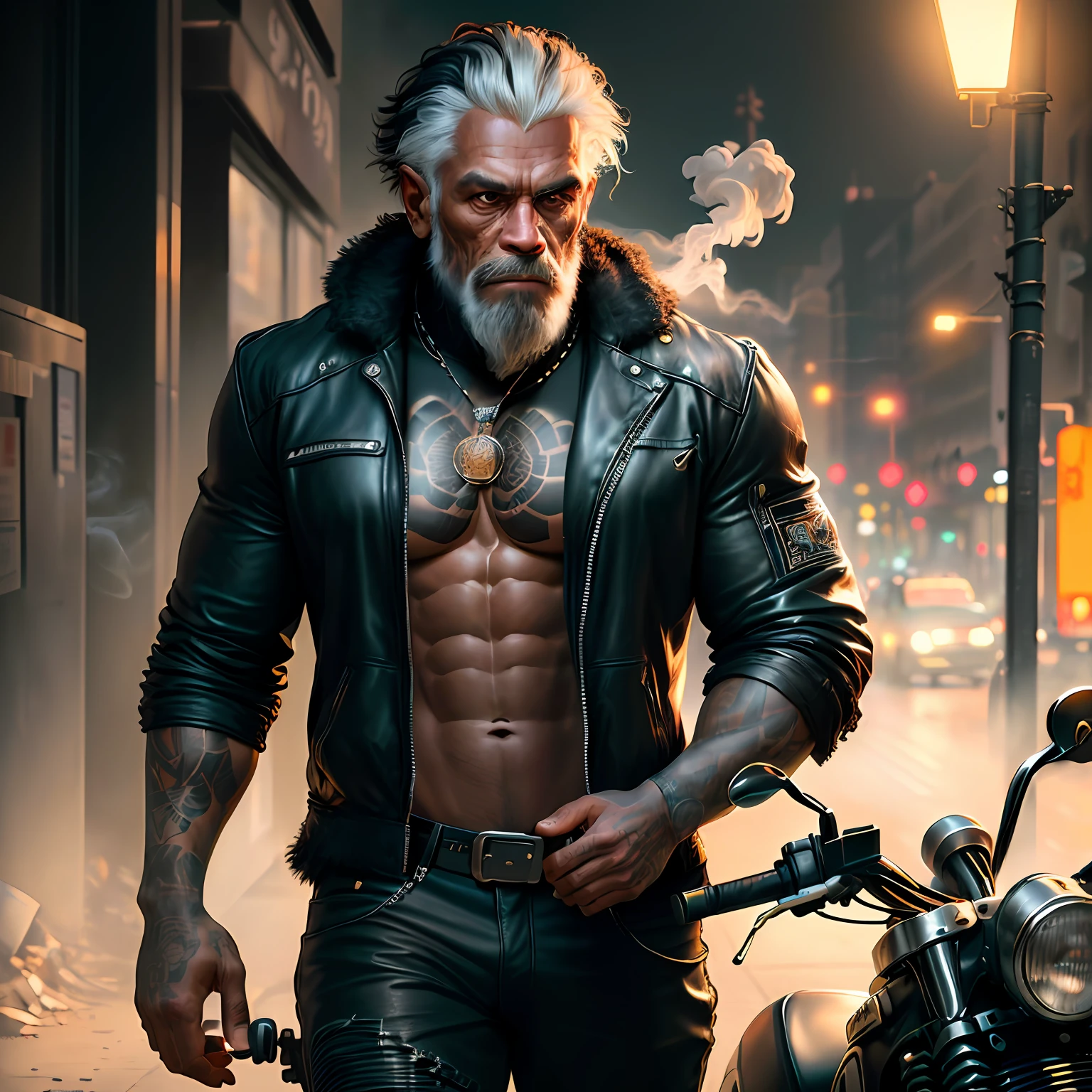 Masterpiece, (Super Detailed), (Animal Anthropomorphism), Gangster Theme, Chimpanzee, Jacket, Dim Light Motorcycle Riding, Tattoos, Machine Gun, Smoke, Shadows, Destroyed Cityscape, Highest Quality, Solo Focus, (lean: 1.04), muscular man, full body, intricate., Lee Jeffries Nikon d850 film stock photography 4 camera kodak portra 400 f1.6 lens rich colors hyper realistic realistic texture dramatic lighting unreal engine trends on artstation cinestill 800 (vignette: 1.3), Filmgrain