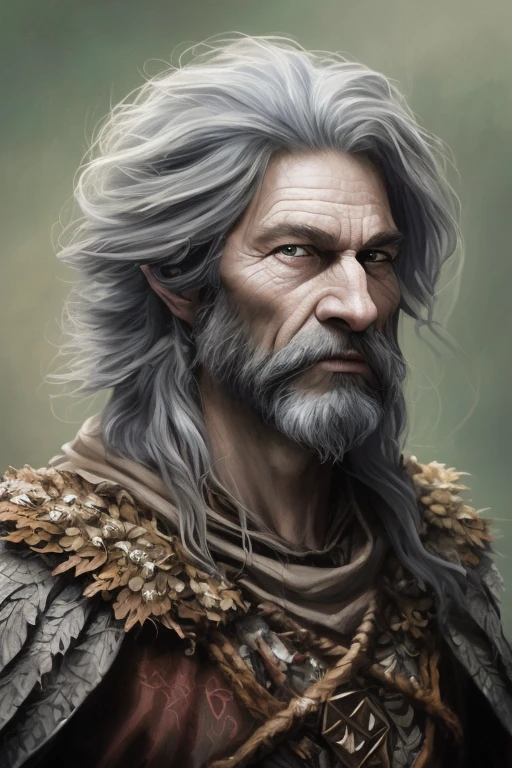 Detailed Angle ((dnd dnd druid man portrait)), Continued, HD, (oil painting: 1.1), (comic art style: 1.5), (ink outline: 1.3), Awesome, Character, Portrait, (((Looking sideways) )), angular features (dark gray graduated bob hair), (muted natural colors: 1.3) in the painterly style of Jean Baptiste Monge.