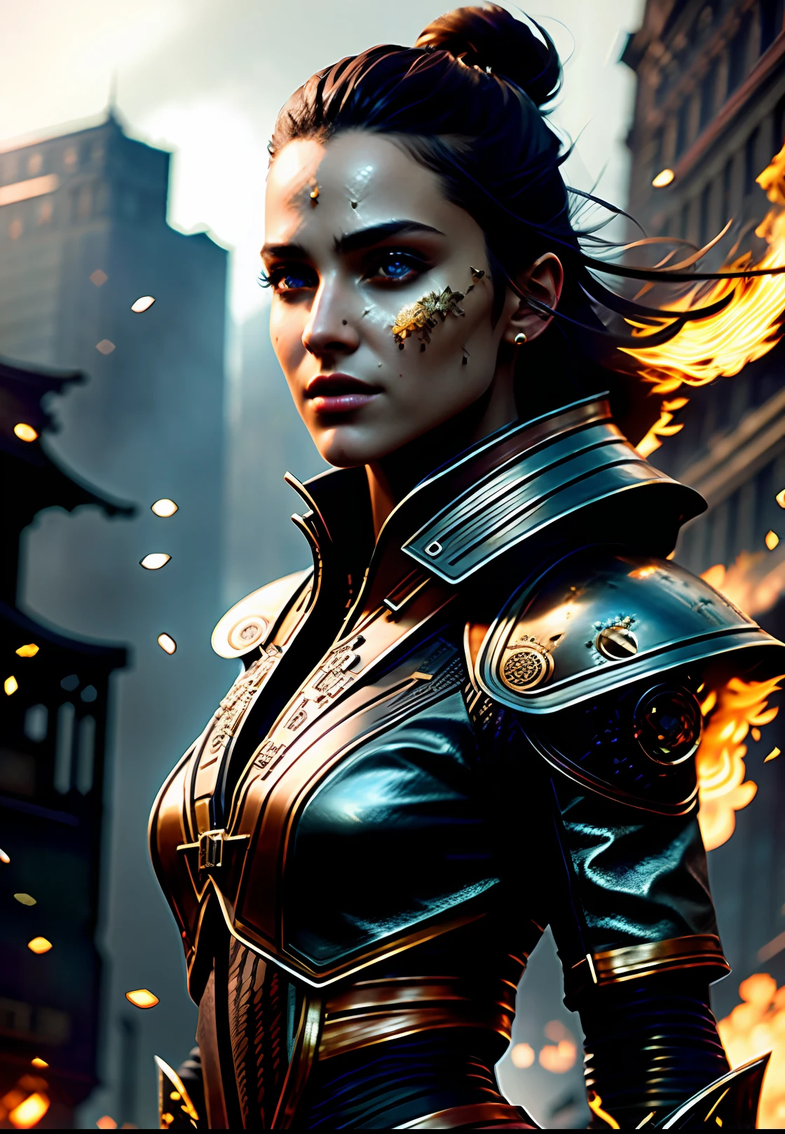 Highly detailed full body, beautiful woman wearing intricate leather clothing, dynamic pose, slow-motion, (detailed skin), (detailed lips), (detailed eyes), (fire 1.4), (Sci-Fi setting) (detailed face), (curvy), detailed eyes, chromatic aberration, depth of field, soft lighting, masterpiece, best quality, intricate, (lens flare:0.7), (bloom:0.7), particle effects, raytracing, tone mapped, highly detailed, concept art, smooth, sharp focus, dramatic lighting, highly detailed artwork, cinematic, hyper realistic, trending on Artstation, 8K, incredible shadows, realistic, (highly detailed background:1.2), post-apocalypse, masterpiece
