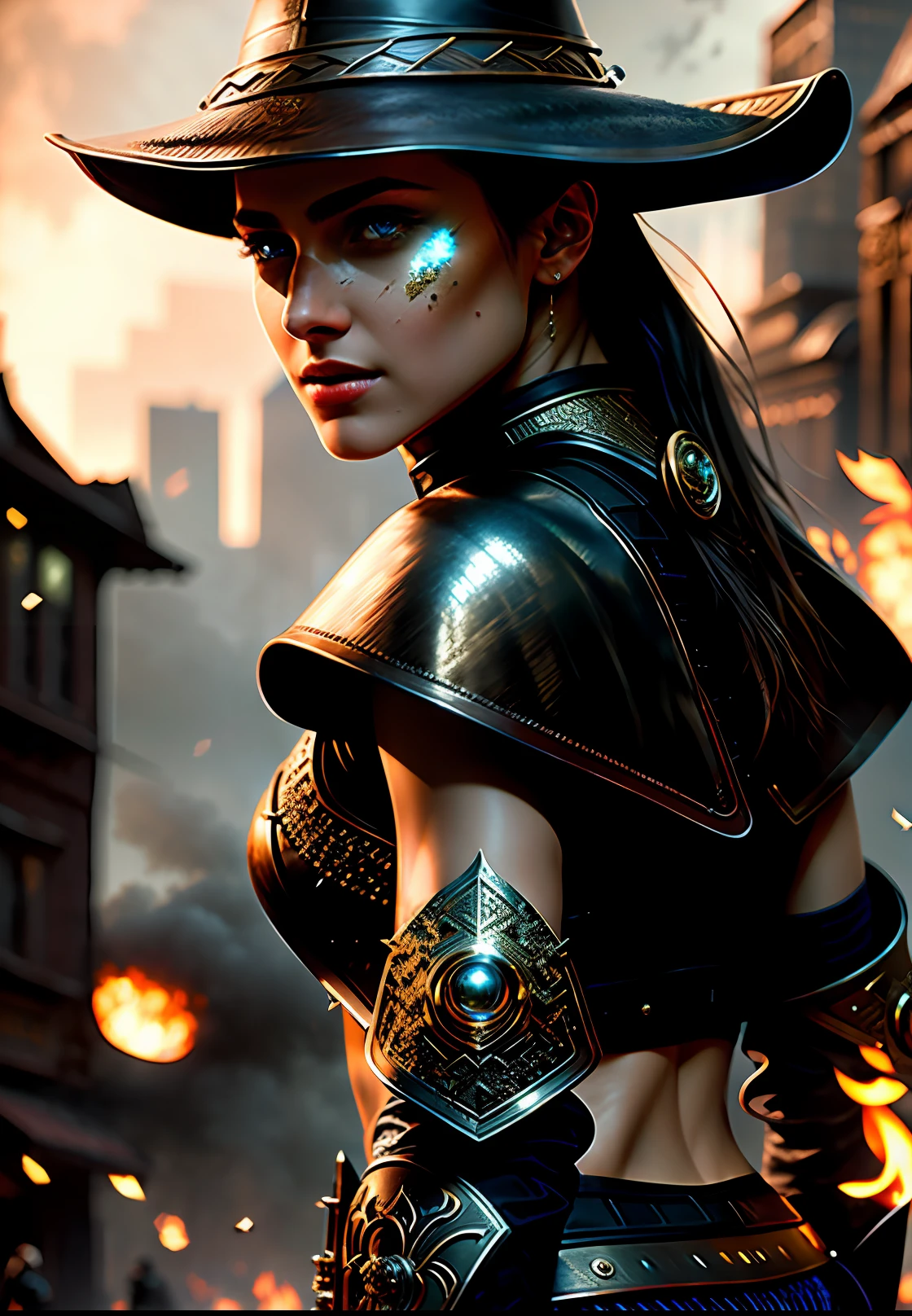 Highly detailed full body, beautiful woman wearing intricate leather clothing, dynamic pose, slow-motion, (detailed skin), (detailed lips), (detailed eyes), (fire 1.4), (Sci-Fi setting) (detailed face), (curvy), detailed eyes, chromatic aberration, depth of field, soft lighting, masterpiece, best quality, intricate, (lens flare:0.7), (bloom:0.7), particle effects, raytracing, tone mapped, highly detailed, concept art, smooth, sharp focus, dramatic lighting, highly detailed artwork, cinematic, hyper realistic, trending on Artstation, 8K, incredible shadows, realistic, (highly detailed background:1.2), post-apocalypse, masterpiece