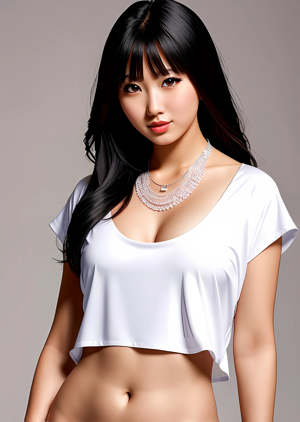 Fashion model photography, white top, medium shot, Japanese beauty, white skin, necklace, simple background, high texture, studio professional lighting