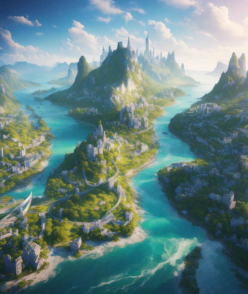 masterpiece, best quality, high quality, extremely detailed CG unity 8k wallpaper, city of island enclaves built in the mouth of a river, bridges connect walled islands with soaring towers of marble and granite, draped in lush green and violet vegetation, outdoors, sky, cloud, day, landscape, water, tree, blue sky, nature, lake, river, cloudy sky, award winning photography, Bokeh, Depth of Field, HDR, bloom, Chromatic Aberration, Photorealistic, extremely detailed, trending on artstation, trending on CGsociety, Intricate, High Detail, dramatic, art by midjourney