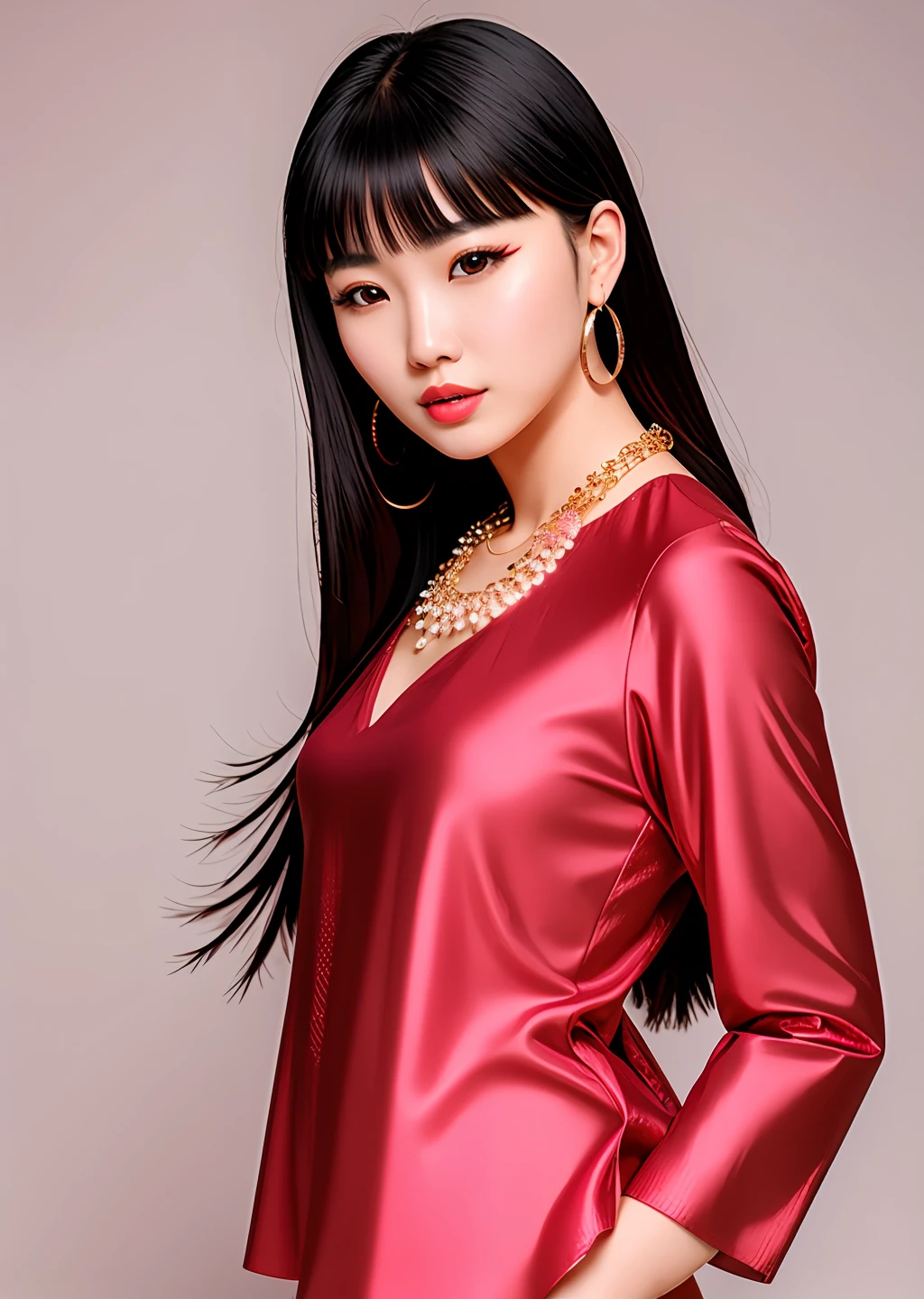 Fashion model photography, red top, snow lotus pattern, medium shot, beautiful Chinese model, fair skin, necklace, simple background, high texture, studio professional lighting