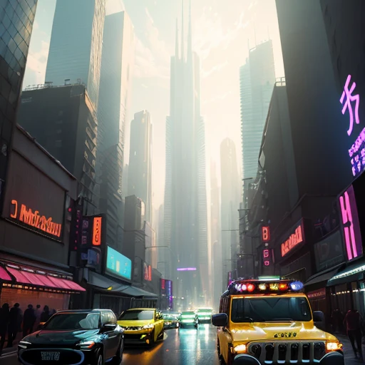 (masterpiece, best quality, ultra-detailed CG unity 8k wallpaper), 4people, high saturation, an extremely delicate and beautiful depiction of a futuristic cityscape featuring (Roi Joleil, Gakbobo, alexclusive, and Beep Beep I'm A Jeep of the Python Clan) amidst towering skyscrapers and neon lights. The scene is dynamic and vivid, with a sense of movement and energy, and captures the essence of urban life in a dazzling and unforgettable way.