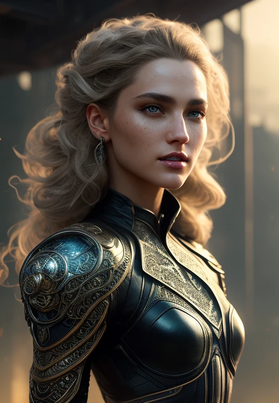 Highly detailed  full body, beautiful woman wearing intricate leather clothing, dynamic pose, slow-motion, (detailed skin), (detailed lips), (detailed eyes), (Sci-Fi setting) (detailed face), detailed eyes, depth of field, soft lighting, masterpiece, best quality, intricate, (lens flare:0.7), (bloom:0.7), raytracing, tone mapped, highly detailed, concept art, smooth, sharp focus, volumetric lighting, highly detailed artwork, cinematic, hyper realistic, trending on Artstation, 8K, volumetric lightin, realistic, (highly detailed background:1.2), post-apocalypse, masterpiece