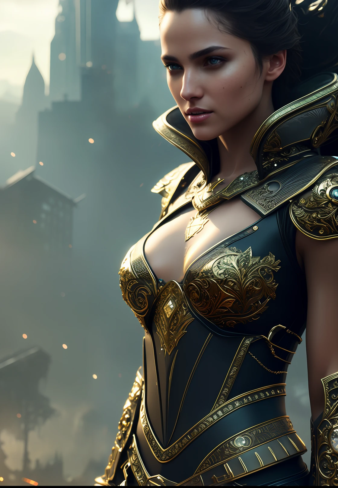 Highly detailed  full body, beautiful woman wearing intricate leather clothing, dynamic pose, slow-motion, (detailed skin), (detailed lips), (detailed eyes), (Sci-Fi setting) (detailed face), detailed eyes, depth of field, soft lighting, masterpiece, best quality, intricate, (lens flare:0.7), (bloom:0.7), raytracing, tone mapped, highly detailed, concept art, smooth, sharp focus, volumetric lighting, highly detailed artwork, cinematic, hyper realistic, trending on Artstation, 8K, volumetric lightin, realistic, (highly detailed background:1.2), post-apocalypse, masterpiece