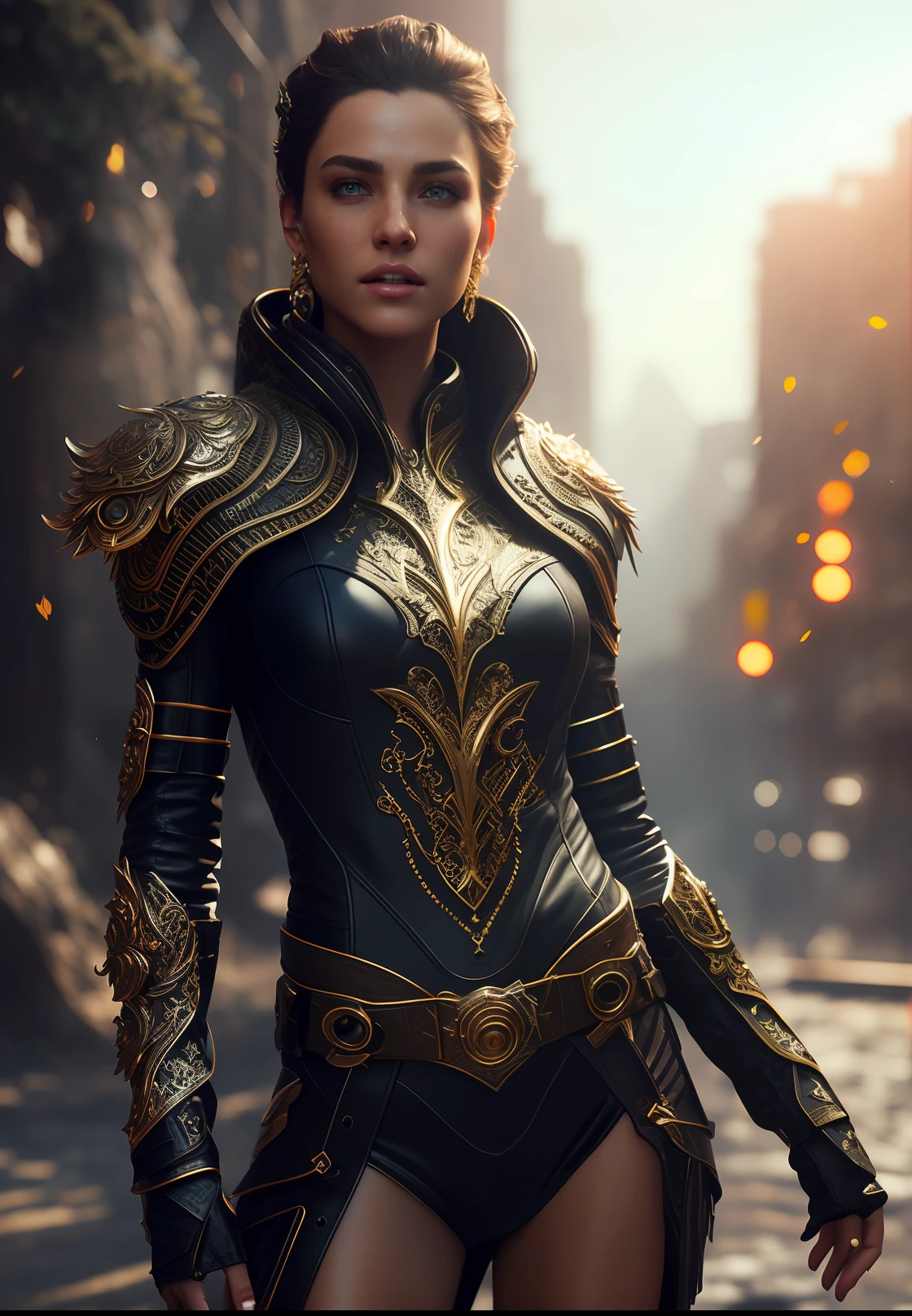 Highly detailed  full body, beautiful woman wearing intricate leather clothing, dynamic pose, slow-motion, (detailed skin), (detailed lips), (detailed eyes), (Sci-Fi setting) (detailed face), detailed eyes, depth of field, soft lighting, masterpiece, best quality, intricate, (lens flare:0.7), (bloom:0.7), raytracing, tone mapped, highly detailed, concept art, smooth, sharp focus, volumetric lighting, highly detailed artwork, cinematic, hyper realistic, trending on Artstation, 8K, volumetric lightin, realistic, (highly detailed background:1.2), post-apocalypse, masterpiece