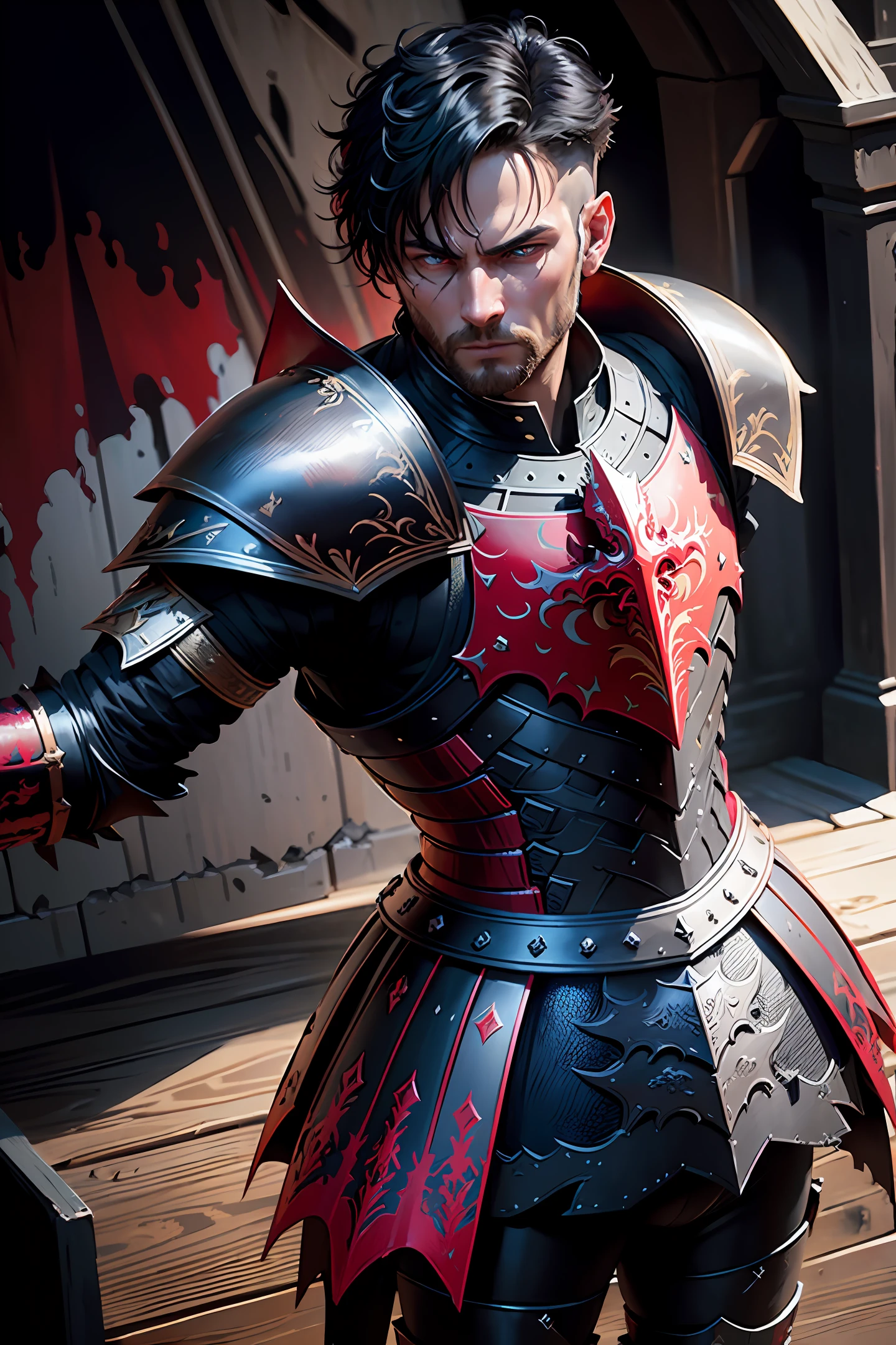 ((Color Blast)), ((false color)), ((oil painting)), 1 man, Glowing Enegy, ((knight's soul)), very short hair, black hair, (red eyes), ((face blood)), ((Armor gradient: 1.5)), ((black armor: 1.5, ornate armor, embroidered armor, intricate armor)), (red armor: 1.2), ((dragon breastplate) ), red cloak, black costume, ((death knight)), knight pose, {{{blade dragon}}}, {{ultra detailed sword}}, castle destruction background, ((realistic master, ultra detailed face, ultra-detailed body, cinematic, ultra-detailed, strong lighting, illustration, 16k)) --stylelize 520,