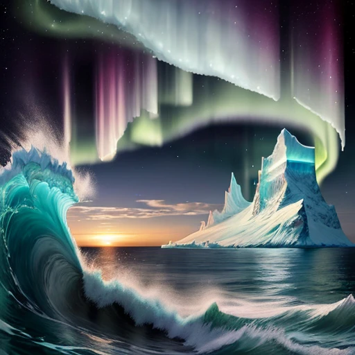 Ocean, Aurora, Wave, Iceberg, Frozen, North pole, Magic, Viking, Fantasy