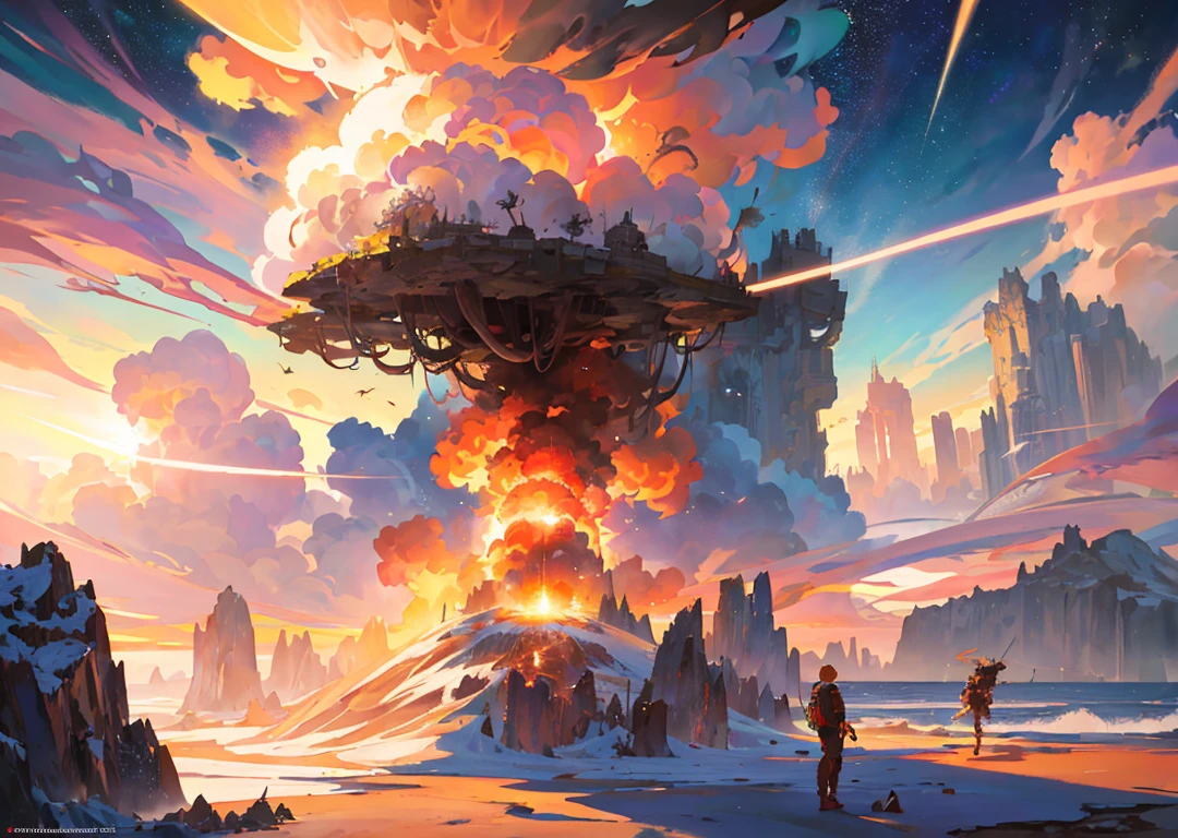 Masterpiece, best quality, official art, very detailed CG Unity 8k wallpaper, nuclear explosion in the sky, in the style of max rive, witty and clever cartoons, petros afshar, photo-realistic landscapes, focus stacking, surrealistic poses, explosive wildlife