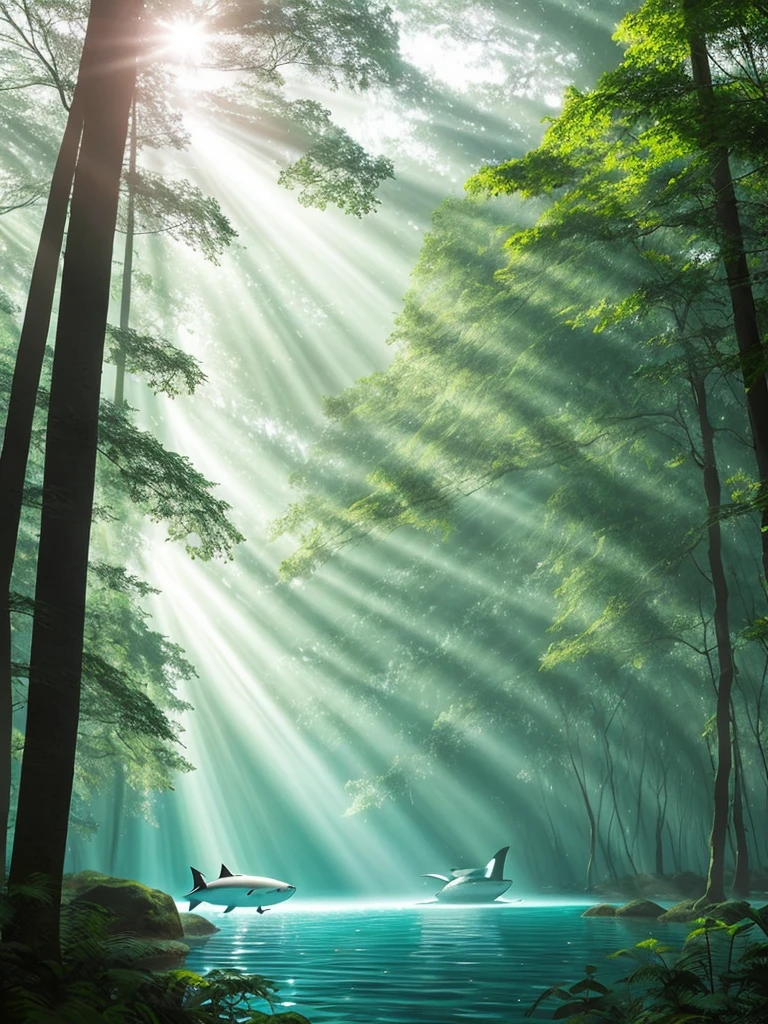 a shark floating through a dreamy forest, hyperrealistic matte painting by Erin Hansen, sun rays between the trees, shark looking at camera
