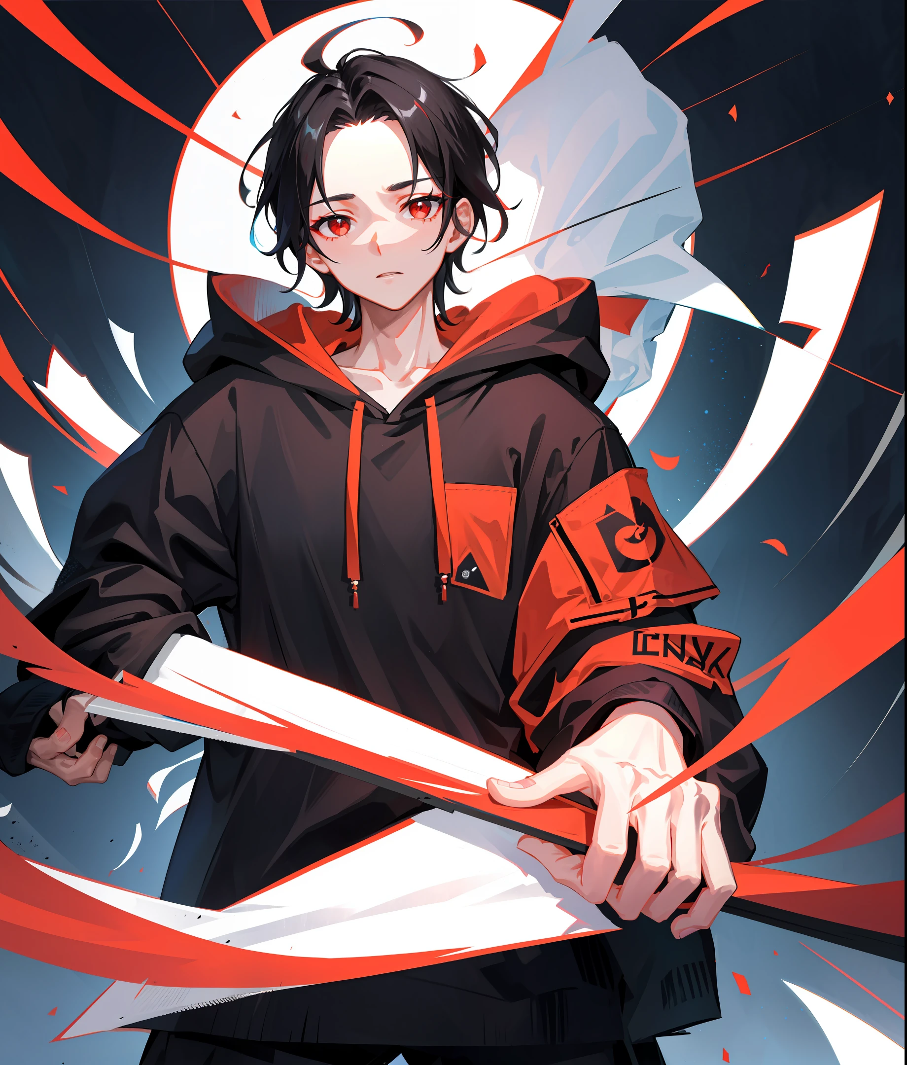 1 boy, handsome boy, black hair, comma hair, forehead comma hair, korean hair, street style, hoodie, white background, shiny, Red eyes, looking at viewer, upper body