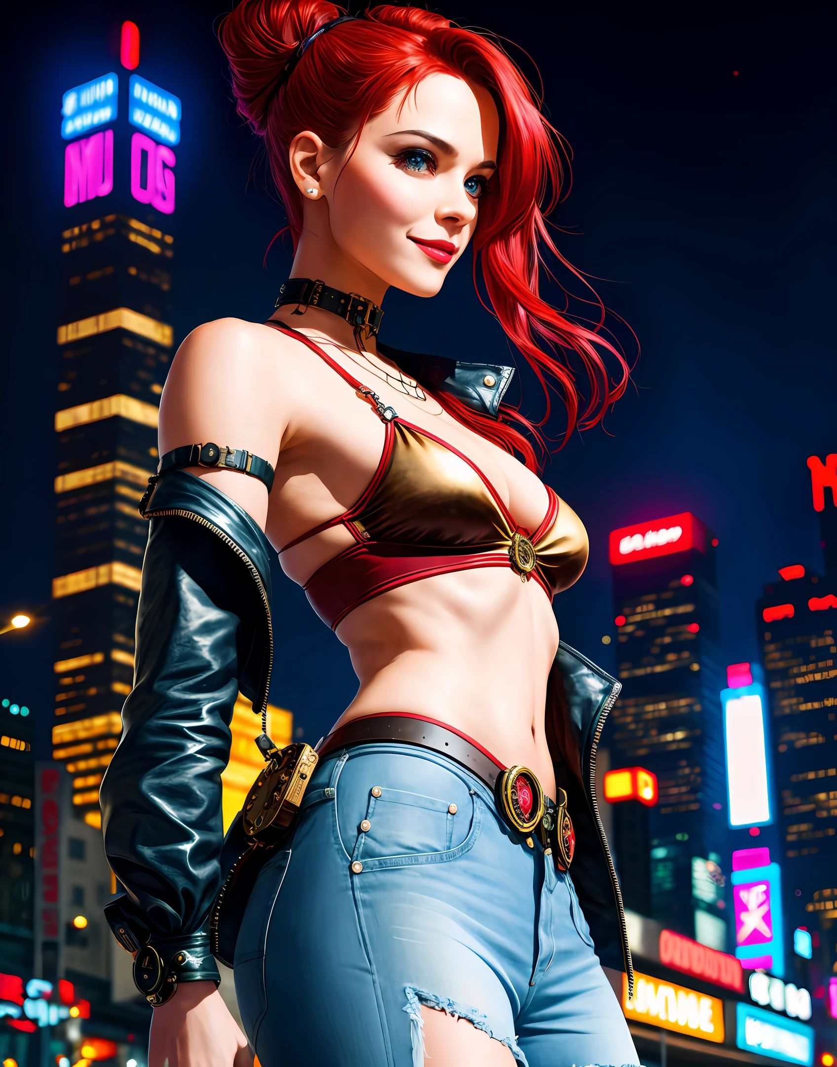 high angle photo of a gorgeous 34 year old woman, healthy skinny,short, small, realistic skin texture, looks up, smiling, big lips, little noose, sexy (red steampunk clothes), steampunk cosplay, (red hair with blue mops), blue hair mops, little boobs, small boobs,flexy boobs, small tits,skinny, posing on the street, night city(cyberpunk), street shops in the background, neon lights, 1 / 2 body crop, 21 5 mm art lens, f 1. 1, sharp focus, 8 k high definition, insanely detailed, intricate, elegant, photorealistic, real life, big shoulder, little neck, long lash, full lips, big lower lip, photo like, realistic picture, symmetric eyes